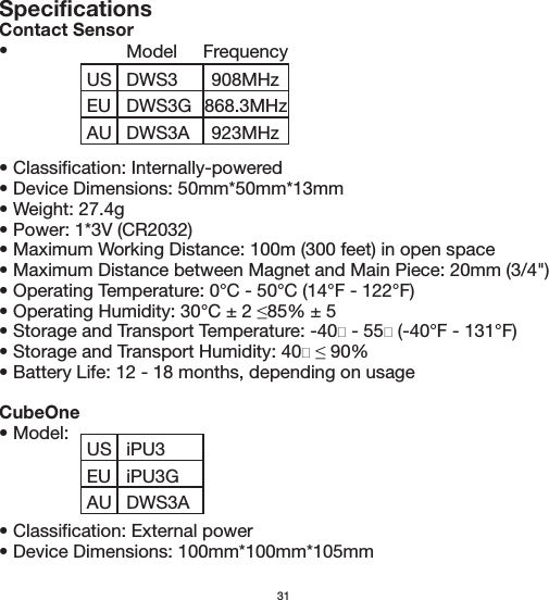 SpecificationsContact Sensor•  • Classification: Internally-powered• Device Dimensions: 50mm*50mm*13mm• Weight: 27.4g• Power: 1*3V (CR2032)• Maximum Working Distance: 100m (300 feet) in open space• Maximum Distance between Magnet and Main Piece: 20mm (3/4&quot;)• Operating Temperature: 0°C - 50°C (14°F - 122°F)• Battery Life: 12 - 18 months, depending on usageCubeOne• Model: • Classification: External power• Device Dimensions: 100mm*100mm*105mm31USEUDWS3DWS3GAU DWS3AUSEUiPU3iPU3GAU DWS3AModel Frequency908MHz923MHz868.3MHz