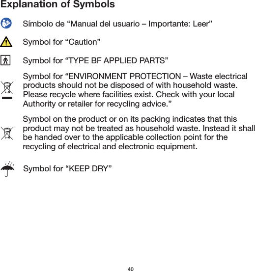 40Symbol for “Caution”Explanation of SymbolsSímbolo de “Manual del usuario – Importante: Leer” Symbol for “TYPE BF APPLIED PARTS”Symbol for “ENVIRONMENT PROTECTION – Waste electrical products should not be disposed of with household waste. Please recycle where facilities exist. Check with your local Authority or retailer for recycling advice.”Symbol on the product or on its packing indicates that this product may not be treated as household waste. Instead it shall be handed over to the applicable collection point for the recycling of electrical and electronic equipment.Symbol for “KEEP DRY”