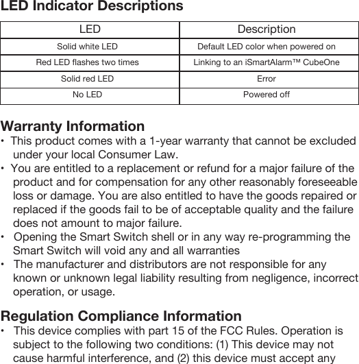 LED Indicator DescriptionsLEDSolid white LEDRed LED ﬂashes two timesSolid red LEDNo LEDDescriptionDefault LED color when powered onLinking to an iSmartAlarm™ CubeOneErrorPowered offWarranty Information•  This product comes with a 1-year warranty that cannot be excluded     under your local Consumer Law.•  You are entitled to a replacement or refund for a major failure of the     product and for compensation for any other reasonably foreseeable     loss or damage. You are also entitled to have the goods repaired or     replaced if the goods fail to be of acceptable quality and the failure     does not amount to major failure.•   Opening the Smart Switch shell or in any way re-programming the     Smart Switch will void any and all warranties•   The manufacturer and distributors are not responsible for any     known or unknown legal liability resulting from negligence, incorrect     operation, or usage.Regulation Compliance Information•   This device complies with part 15 of the FCC Rules. Operation is     subject to the following two conditions: (1) This device may not     cause harmful interference, and (2) this device must accept any 