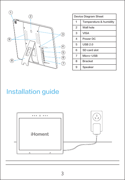 Device Diagram Sheet1 Temperature &amp; humidity2 Wall hole3 VISA4 Power DC5 USB 2.06 SD card slot7 Micro-USB8 Bracket9 Speaker128945637Installation guide3