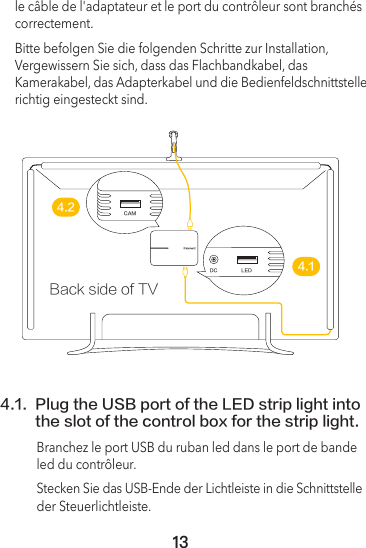 4.1. Plug the USB port of the LED strip light into the slot of the control box for the strip light.13le câble de l&apos;adaptateur et le port du contrôleur sont branchés correctement.Bitte befolgen Sie die folgenden Schritte zur Installation,Vergewissern Sie sich, dass das Flachbandkabel, das Kamerakabel, das Adapterkabel und die Bedienfeldschnittstelle richtig eingesteckt sind.Branchez le port USB du ruban led dans le port de bande led du contrôleur.Stecken Sie das USB-Ende der Lichtleiste in die Schnittstelle der Steuerlichtleiste.LEDDCCAMBack side of TV4.24.1