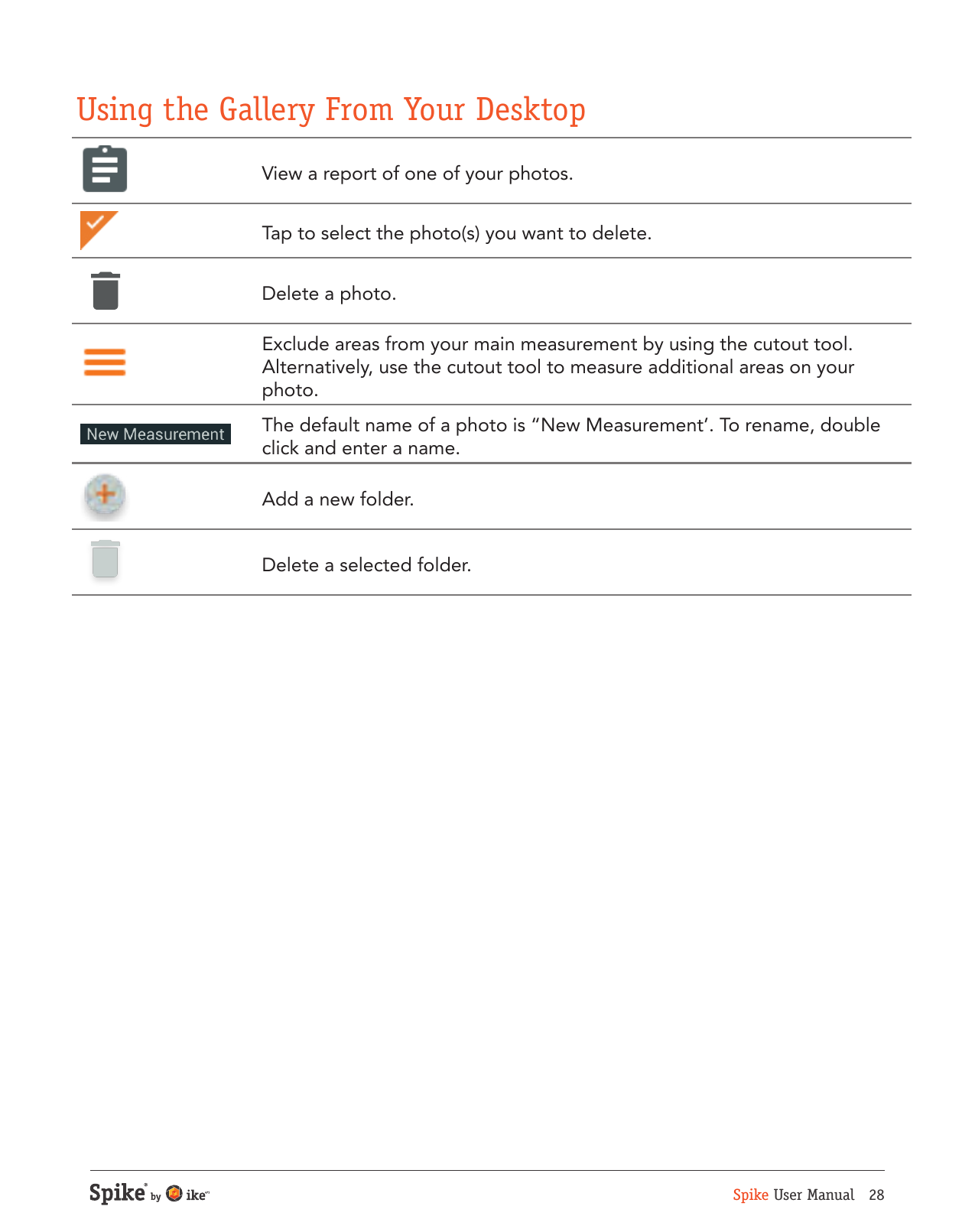 Spike User Manual   28View a report of one of your photos.Tap to select the photo(s) you want to delete.Delete a photo.Exclude areas from your main measurement by using the cutout tool. Alternatively, use the cutout tool to measure additional areas on your photo.The default name of a photo is &ldquo;New Measurement&rsquo;. To rename, double click and enter a name.Add a new folder.Delete a selected folder.Using the Gallery From Your Desktop