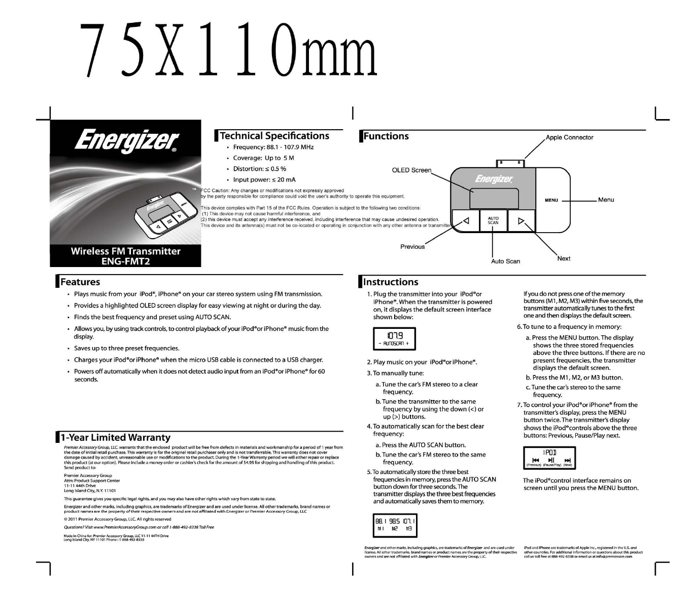 Premier Accessory Group ENGFMT2 Wireless FM Transmitter User Manual