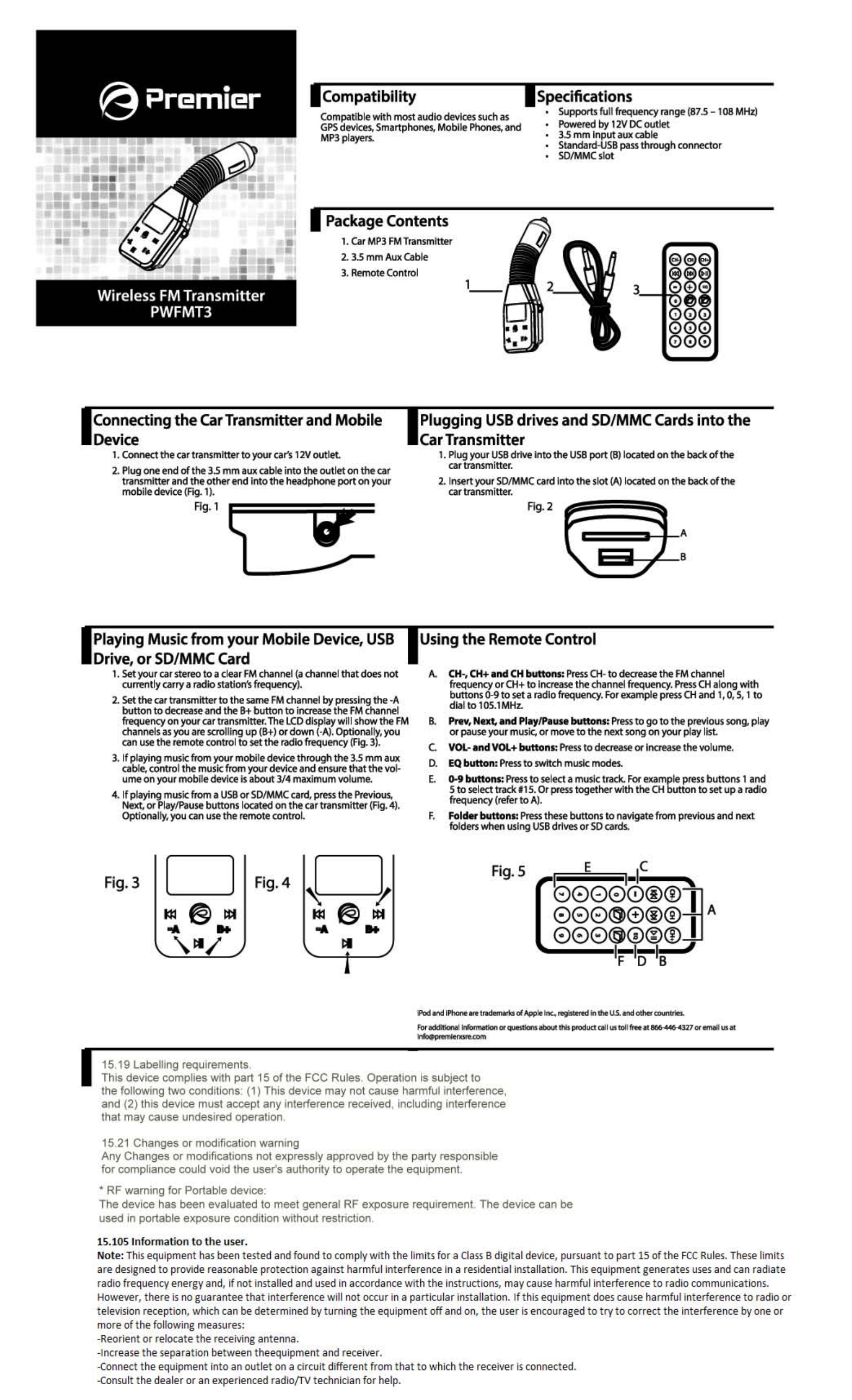 Premier Accessory Group PWFMT3 FM Transmitter User Manual