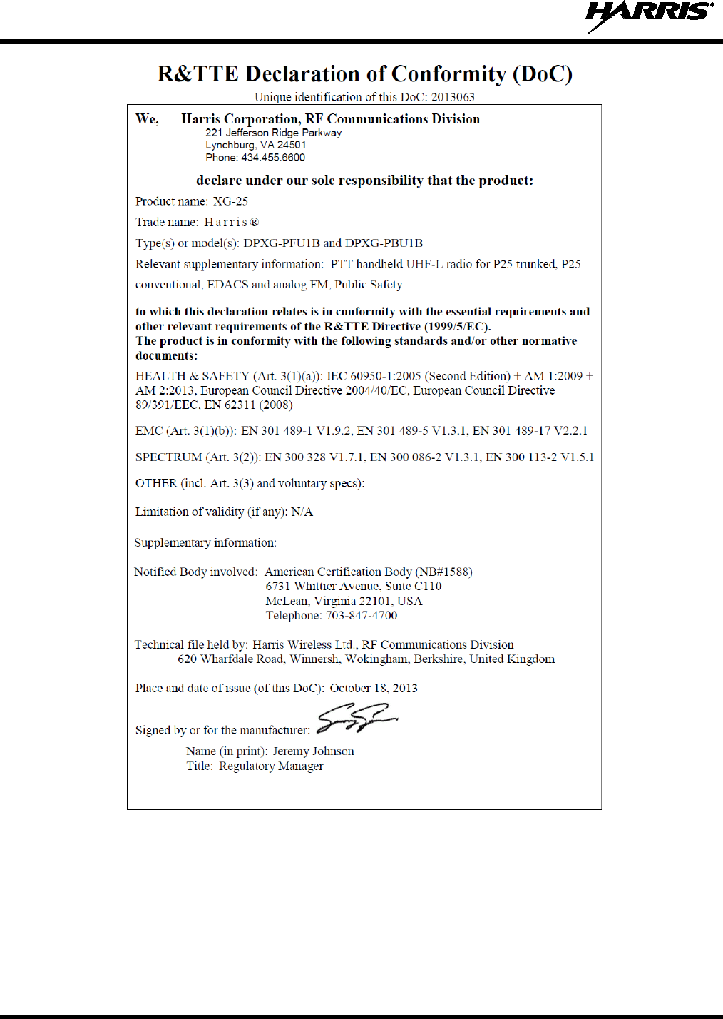 Harris Tr 0141 E Xg 25p Uhf Portable Land Mobile Radio User Manual