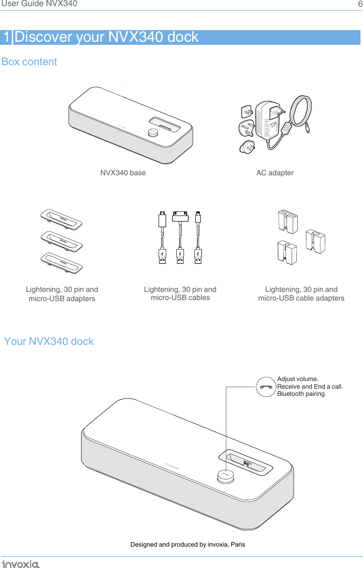 1 Discover your NVX340 dock Box contentDesigned and produced by invoxia, Paris6Your NVX340 dockUser Guide NVX340Lightening, 30 pin andmicro-USB cable adaptersmicro-USB adaptersAC adapterNVX340 baseLightening, 30 pin andAdjust volume. Receive and End a call.Bluetooth pairing.micro-USB cablesLightening, 30 pin and