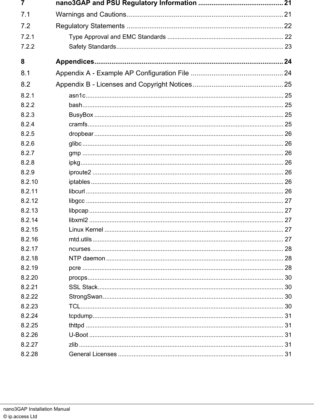 nano3GAP Installation Manual   © ip.access Ltd    7 nano3GAP and PSU Regulatory Information ............................................. 21 7.1 Warnings and Cautions................................................................................... 21 7.2 Regulatory Statements ................................................................................... 22 7.2.1 Type Approval and EMC Standards .................................................................... 22 7.2.2 Safety Standards.................................................................................................. 23 8 Appendices.................................................................................................... 24 8.1 Appendix A - Example AP Configuration File ................................................. 24 8.2 Appendix B - Licenses and Copyright Notices................................................ 25 8.2.1 asn1c.................................................................................................................... 25 8.2.2 bash...................................................................................................................... 25 8.2.3 BusyBox ............................................................................................................... 25 8.2.4 cramfs................................................................................................................... 25 8.2.5 dropbear ............................................................................................................... 26 8.2.6 glibc ...................................................................................................................... 26 8.2.7 gmp ...................................................................................................................... 26 8.2.8 ipkg....................................................................................................................... 26 8.2.9 iproute2 ................................................................................................................ 26 8.2.10 iptables ................................................................................................................. 26 8.2.11 libcurl .................................................................................................................... 26 8.2.12 libgcc .................................................................................................................... 27 8.2.13 libpcap .................................................................................................................. 27 8.2.14 libxml2 .................................................................................................................. 27 8.2.15 Linux Kernel ......................................................................................................... 27 8.2.16 mtd.utils ................................................................................................................ 27 8.2.17 ncurses................................................................................................................. 28 8.2.18 NTP daemon ........................................................................................................ 28 8.2.19 pcre ...................................................................................................................... 28 8.2.20 procps................................................................................................................... 30 8.2.21 SSL Stack............................................................................................................. 30 8.2.22 StrongSwan.......................................................................................................... 30 8.2.23 TCL....................................................................................................................... 30 8.2.24 tcpdump................................................................................................................ 31 8.2.25 thttpd .................................................................................................................... 31 8.2.26 U-Boot .................................................................................................................. 31 8.2.27 zlib ........................................................................................................................ 31 8.2.28 General Licenses ................................................................................................. 31  