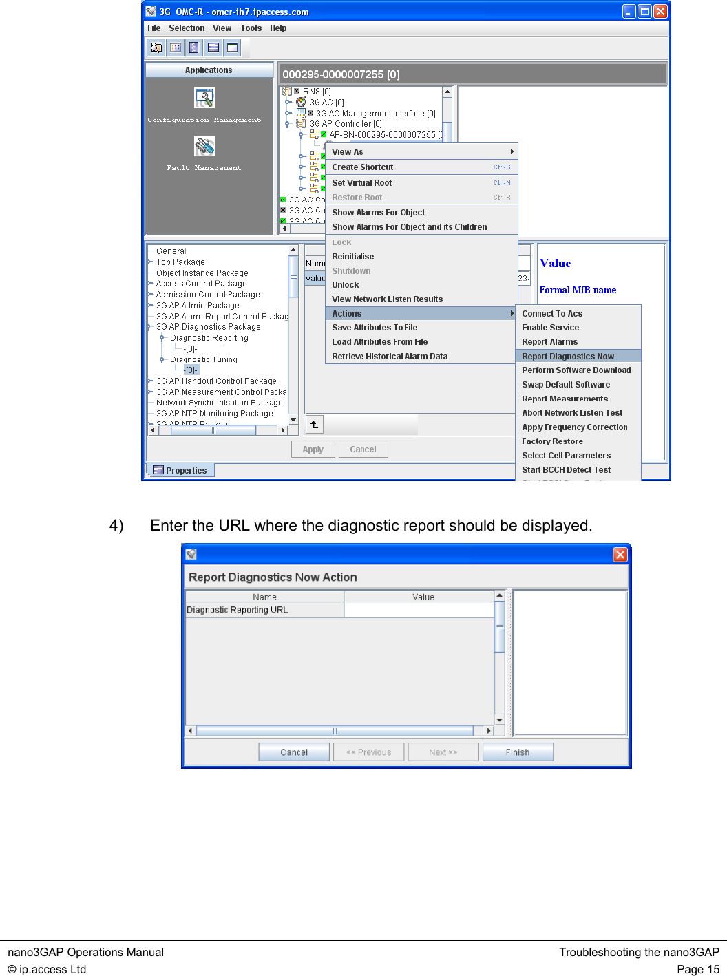 nano3GAP Operations Manual  Troubleshooting the nano3GAP © ip.access Ltd  Page 15    4)  Enter the URL where the diagnostic report should be displayed.     