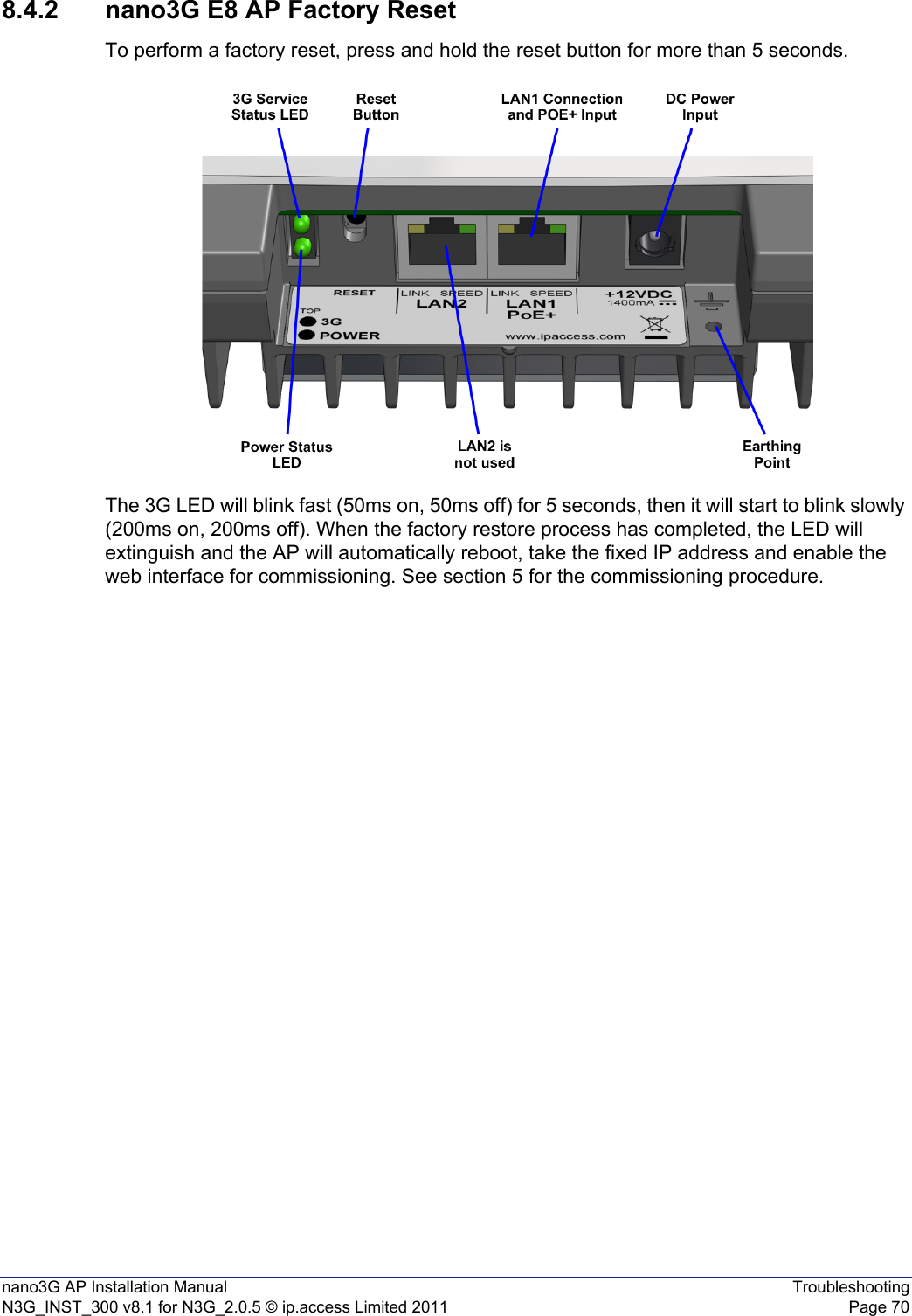 nano3G AP Installation Manual TroubleshootingN3G_INST_300 v8.1 for N3G_2.0.5 © ip.access Limited 2011 Page 708.4.2 nano3G E8 AP Factory ResetTo perform a factory reset, press and hold the reset button for more than 5 seconds.The 3G LED will blink fast (50ms on, 50ms off) for 5 seconds, then it will start to blink slowly (200ms on, 200ms off). When the factory restore process has completed, the LED will extinguish and the AP will automatically reboot, take the fixed IP address and enable the web interface for commissioning. See section 5 for the commissioning procedure.