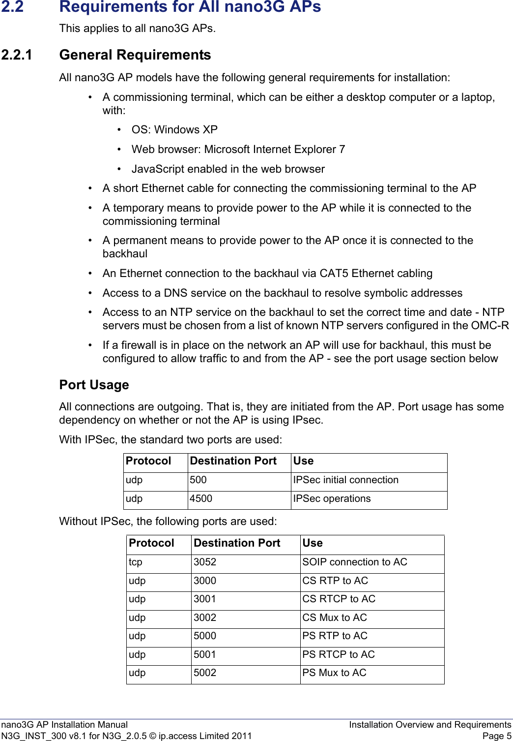 nano3G AP Installation Manual Installation Overview and RequirementsN3G_INST_300 v8.1 for N3G_2.0.5 © ip.access Limited 2011 Page 52.2 Requirements for All nano3G APsThis applies to all nano3G APs.2.2.1 General RequirementsAll nano3G AP models have the following general requirements for installation: • A commissioning terminal, which can be either a desktop computer or a laptop, with:• OS: Windows XP• Web browser: Microsoft Internet Explorer 7• JavaScript enabled in the web browser• A short Ethernet cable for connecting the commissioning terminal to the AP • A temporary means to provide power to the AP while it is connected to the commissioning terminal• A permanent means to provide power to the AP once it is connected to the backhaul• An Ethernet connection to the backhaul via CAT5 Ethernet cabling• Access to a DNS service on the backhaul to resolve symbolic addresses• Access to an NTP service on the backhaul to set the correct time and date - NTP servers must be chosen from a list of known NTP servers configured in the OMC-R • If a firewall is in place on the network an AP will use for backhaul, this must be configured to allow traffic to and from the AP - see the port usage section below Port UsageAll connections are outgoing. That is, they are initiated from the AP. Port usage has some dependency on whether or not the AP is using IPsec.With IPSec, the standard two ports are used:Without IPSec, the following ports are used:Protocol Destination Port Useudp 500 IPSec initial connectionudp 4500 IPSec operationsProtocol Destination Port Usetcp 3052 SOIP connection to ACudp 3000 CS RTP to ACudp 3001 CS RTCP to ACudp 3002 CS Mux to ACudp 5000 PS RTP to ACudp 5001 PS RTCP to ACudp 5002 PS Mux to AC