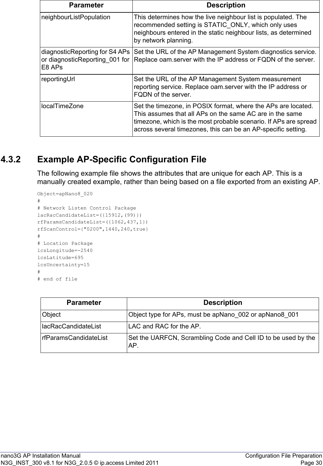nano3G AP Installation Manual Configuration File PreparationN3G_INST_300 v8.1 for N3G_2.0.5 © ip.access Limited 2011 Page 304.3.2 Example AP-Specific Configuration FileThe following example file shows the attributes that are unique for each AP. This is a manually created example, rather than being based on a file exported from an existing AP.Object=apNano8_020## Network Listen Control PackagelacRacCandidateList=({15912,(99)})rfParamsCandidateList=({1062,437,1})rfScanControl={&quot;0200&quot;,1440,240,true}## Location PackagelcsLongitude=-2540lcsLatitude=695lcsUncertainty=15## end of fileneighbourListPopulation This determines how the live neighbour list is populated. The recommended setting is STATIC_ONLY, which only uses neighbours entered in the static neighbour lists, as determined by network planning. diagnosticReporting for S4 APs or diagnosticReporting_001 for E8 APsSet the URL of the AP Management System diagnostics service. Replace oam.server with the IP address or FQDN of the server.reportingUrl Set the URL of the AP Management System measurement reporting service. Replace oam.server with the IP address or FQDN of the server.localTimeZone Set the timezone, in POSIX format, where the APs are located. This assumes that all APs on the same AC are in the same timezone, which is the most probable scenario. If APs are spread across several timezones, this can be an AP-specific setting. Parameter DescriptionParameter DescriptionObject Object type for APs, must be apNano_002 or apNano8_001 lacRacCandidateList LAC and RAC for the AP. rfParamsCandidateList Set the UARFCN, Scrambling Code and Cell ID to be used by the AP. 
