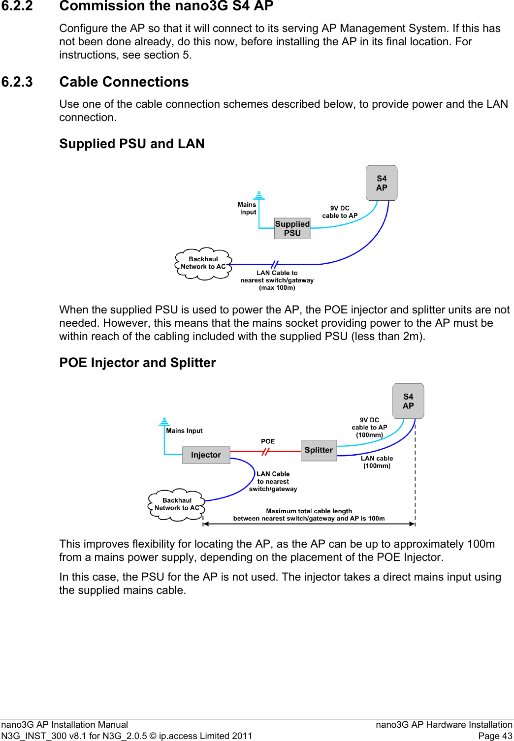 nano3G AP Installation Manual nano3G AP Hardware InstallationN3G_INST_300 v8.1 for N3G_2.0.5 © ip.access Limited 2011 Page 436.2.2 Commission the nano3G S4 APConfigure the AP so that it will connect to its serving AP Management System. If this has not been done already, do this now, before installing the AP in its final location. For instructions, see section 5.6.2.3 Cable ConnectionsUse one of the cable connection schemes described below, to provide power and the LAN connection. Supplied PSU and LAN When the supplied PSU is used to power the AP, the POE injector and splitter units are not needed. However, this means that the mains socket providing power to the AP must be within reach of the cabling included with the supplied PSU (less than 2m). POE Injector and SplitterThis improves flexibility for locating the AP, as the AP can be up to approximately 100m from a mains power supply, depending on the placement of the POE Injector.In this case, the PSU for the AP is not used. The injector takes a direct mains input using the supplied mains cable. 