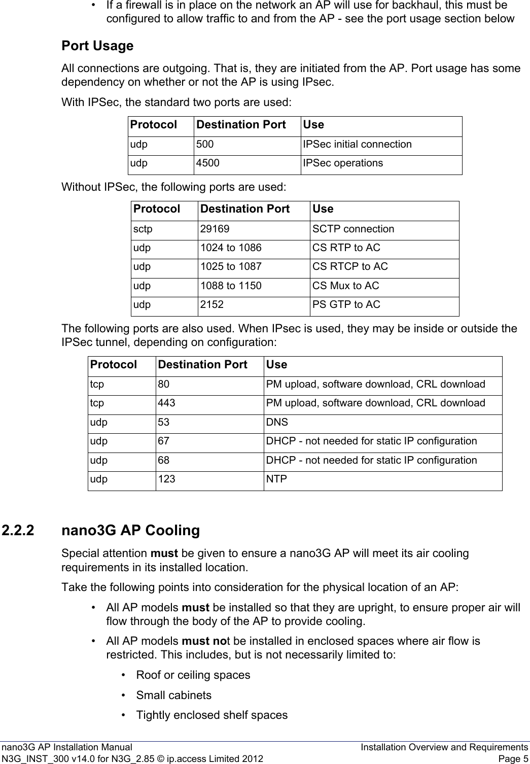 nano3G AP Installation Manual Installation Overview and RequirementsN3G_INST_300 v14.0 for N3G_2.85 © ip.access Limited 2012 Page 5• If a firewall is in place on the network an AP will use for backhaul, this must be configured to allow traffic to and from the AP - see the port usage section below Port UsageAll connections are outgoing. That is, they are initiated from the AP. Port usage has some dependency on whether or not the AP is using IPsec.With IPSec, the standard two ports are used:Without IPSec, the following ports are used:The following ports are also used. When IPsec is used, they may be inside or outside the IPSec tunnel, depending on configuration:2.2.2 nano3G AP CoolingSpecial attention must be given to ensure a nano3G AP will meet its air cooling requirements in its installed location. Take the following points into consideration for the physical location of an AP: • All AP models must be installed so that they are upright, to ensure proper air will flow through the body of the AP to provide cooling.• All AP models must not be installed in enclosed spaces where air flow is restricted. This includes, but is not necessarily limited to:• Roof or ceiling spaces• Small cabinets• Tightly enclosed shelf spacesProtocol Destination Port Useudp 500 IPSec initial connectionudp 4500 IPSec operationsProtocol Destination Port Usesctp 29169 SCTP connectionudp 1024 to 1086 CS RTP to ACudp 1025 to 1087 CS RTCP to ACudp 1088 to 1150 CS Mux to ACudp 2152 PS GTP to ACProtocol Destination Port Usetcp 80 PM upload, software download, CRL downloadtcp 443 PM upload, software download, CRL downloadudp 53 DNSudp 67 DHCP - not needed for static IP configurationudp 68 DHCP - not needed for static IP configurationudp 123 NTP