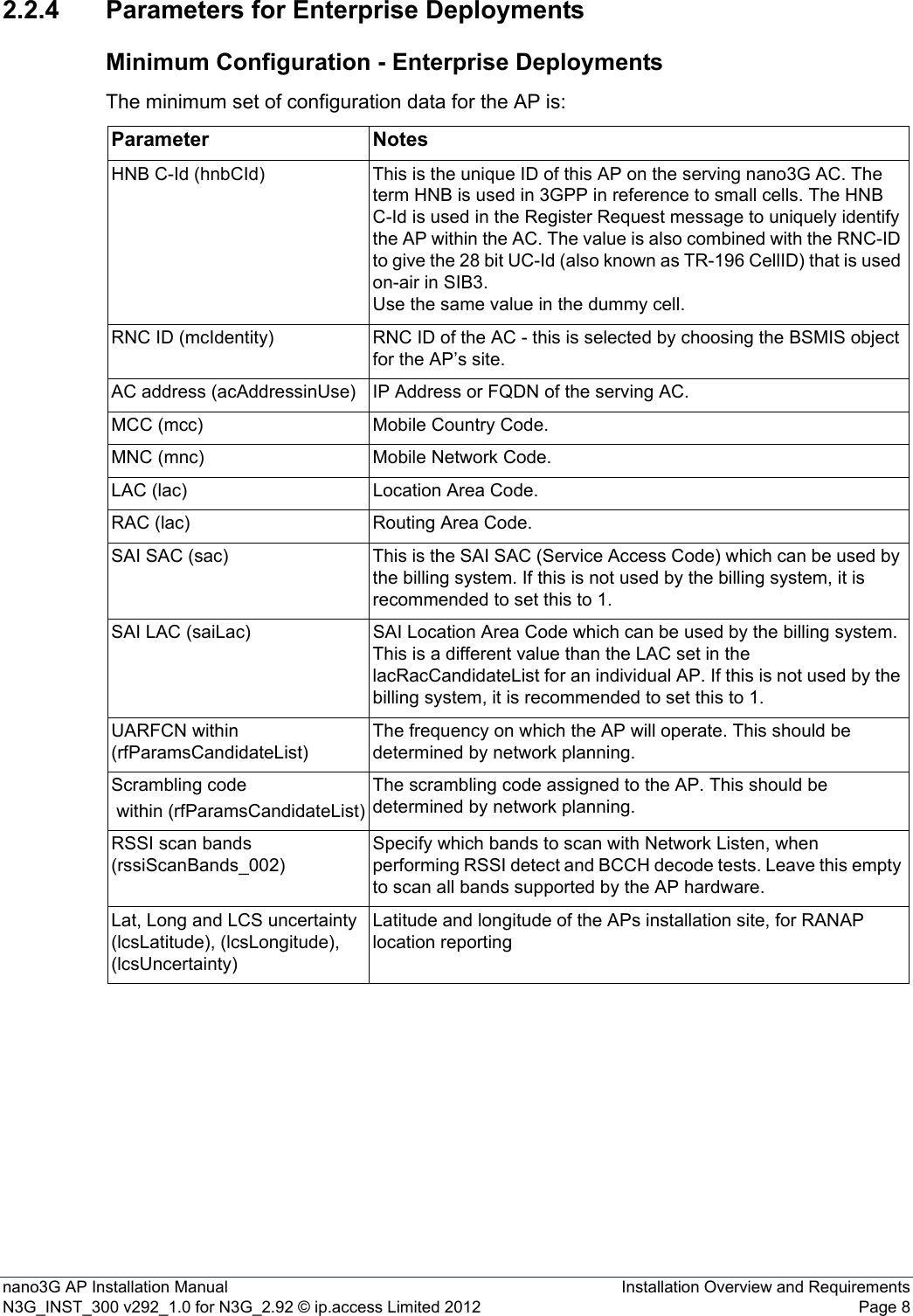 nano3G AP Installation Manual Installation Overview and RequirementsN3G_INST_300 v292_1.0 for N3G_2.92 © ip.access Limited 2012 Page 82.2.4 Parameters for Enterprise DeploymentsMinimum Configuration - Enterprise DeploymentsThe minimum set of configuration data for the AP is:Parameter NotesHNB C-Id (hnbCId) This is the unique ID of this AP on the serving nano3G AC. The term HNB is used in 3GPP in reference to small cells. The HNB C-Id is used in the Register Request message to uniquely identify the AP within the AC. The value is also combined with the RNC-ID to give the 28 bit UC-Id (also known as TR-196 CellID) that is used on-air in SIB3.Use the same value in the dummy cell.RNC ID (mcIdentity) RNC ID of the AC - this is selected by choosing the BSMIS object for the AP’s site.AC address (acAddressinUse) IP Address or FQDN of the serving AC.MCC (mcc) Mobile Country Code.MNC (mnc) Mobile Network Code.LAC (lac) Location Area Code.RAC (lac) Routing Area Code.SAI SAC (sac) This is the SAI SAC (Service Access Code) which can be used by the billing system. If this is not used by the billing system, it is recommended to set this to 1.SAI LAC (saiLac) SAI Location Area Code which can be used by the billing system. This is a different value than the LAC set in the lacRacCandidateList for an individual AP. If this is not used by the billing system, it is recommended to set this to 1. UARFCN within (rfParamsCandidateList)The frequency on which the AP will operate. This should be determined by network planning.Scrambling code within (rfParamsCandidateList)The scrambling code assigned to the AP. This should be determined by network planning.RSSI scan bands (rssiScanBands_002)Specify which bands to scan with Network Listen, when performing RSSI detect and BCCH decode tests. Leave this empty to scan all bands supported by the AP hardware. Lat, Long and LCS uncertainty (lcsLatitude), (lcsLongitude), (lcsUncertainty)Latitude and longitude of the APs installation site, for RANAP location reporting