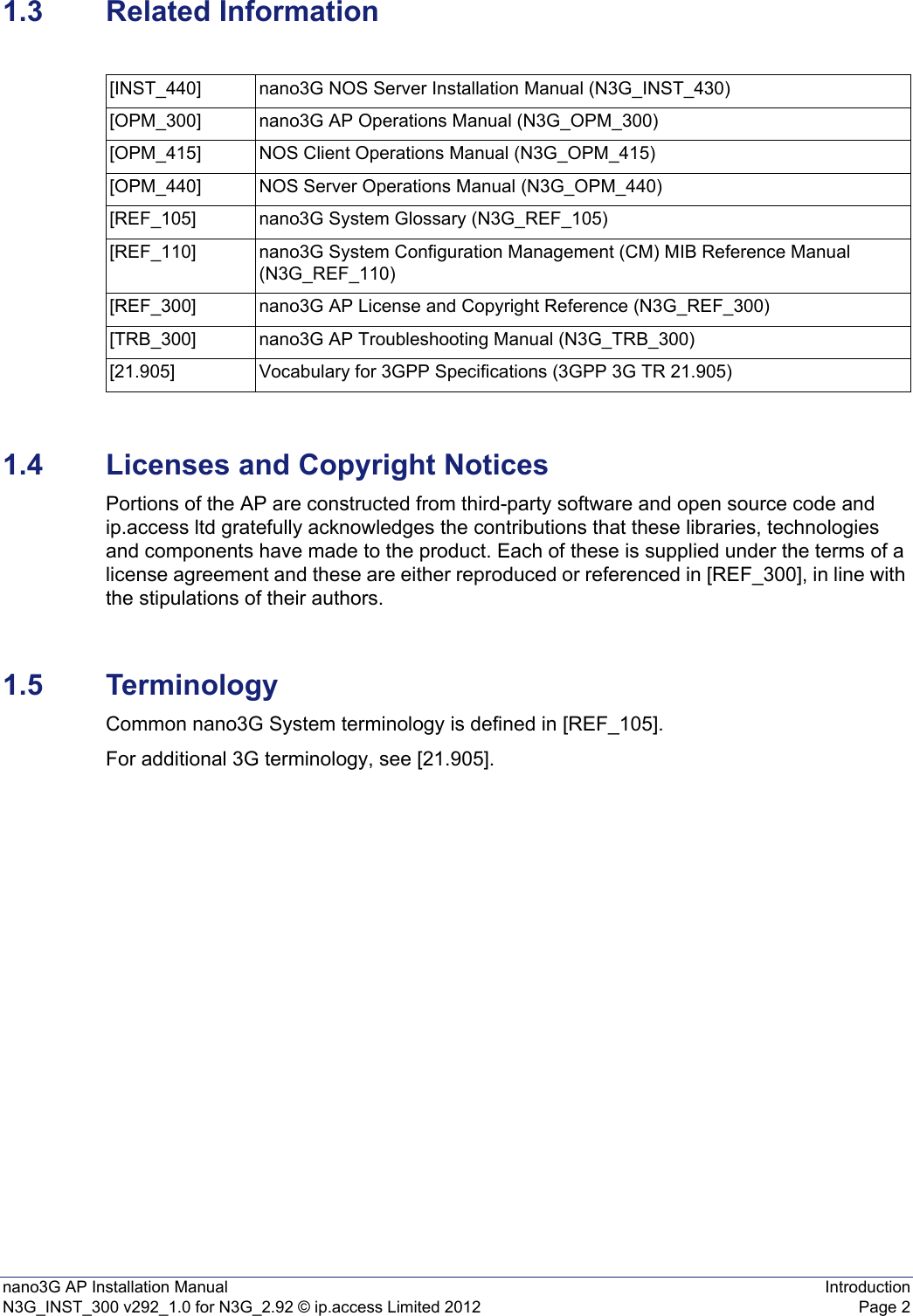 nano3G AP Installation Manual IntroductionN3G_INST_300 v292_1.0 for N3G_2.92 © ip.access Limited 2012 Page 21.3 Related Information1.4 Licenses and Copyright NoticesPortions of the AP are constructed from third-party software and open source code and ip.access ltd gratefully acknowledges the contributions that these libraries, technologies and components have made to the product. Each of these is supplied under the terms of a license agreement and these are either reproduced or referenced in [REF_300], in line with the stipulations of their authors.1.5 TerminologyCommon nano3G System terminology is defined in [REF_105].For additional 3G terminology, see [21.905].[INST_440] nano3G NOS Server Installation Manual (N3G_INST_430)[OPM_300] nano3G AP Operations Manual (N3G_OPM_300)[OPM_415] NOS Client Operations Manual (N3G_OPM_415)[OPM_440] NOS Server Operations Manual (N3G_OPM_440)[REF_105] nano3G System Glossary (N3G_REF_105)[REF_110] nano3G System Configuration Management (CM) MIB Reference Manual (N3G_REF_110)[REF_300] nano3G AP License and Copyright Reference (N3G_REF_300)[TRB_300] nano3G AP Troubleshooting Manual (N3G_TRB_300)[21.905] Vocabulary for 3GPP Specifications (3GPP 3G TR 21.905)