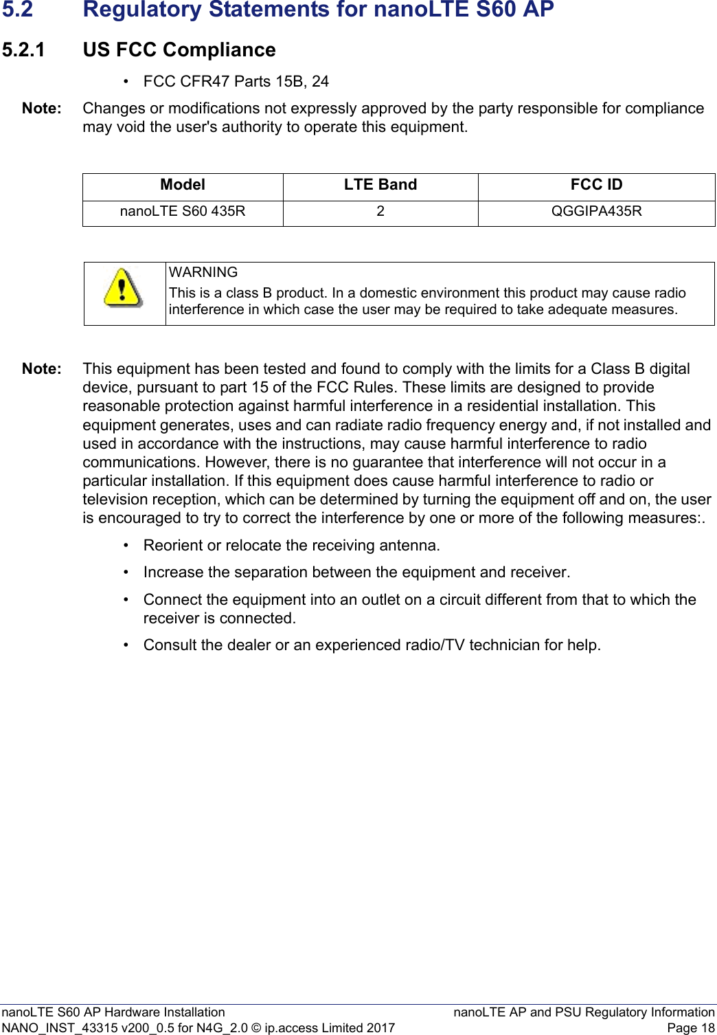 nanoLTE S60 AP Hardware Installation nanoLTE AP and PSU Regulatory InformationNANO_INST_43315 v200_0.5 for N4G_2.0 © ip.access Limited 2017 Page 185.2 Regulatory Statements for nanoLTE S60 AP5.2.1 US FCC Compliance• FCC CFR47 Parts 15B, 24Note: Changes or modifications not expressly approved by the party responsible for compliance may void the user&apos;s authority to operate this equipment.Note: This equipment has been tested and found to comply with the limits for a Class B digital device, pursuant to part 15 of the FCC Rules. These limits are designed to provide reasonable protection against harmful interference in a residential installation. This equipment generates, uses and can radiate radio frequency energy and, if not installed and used in accordance with the instructions, may cause harmful interference to radio communications. However, there is no guarantee that interference will not occur in a particular installation. If this equipment does cause harmful interference to radio or television reception, which can be determined by turning the equipment off and on, the user is encouraged to try to correct the interference by one or more of the following measures:.• Reorient or relocate the receiving antenna.• Increase the separation between the equipment and receiver.• Connect the equipment into an outlet on a circuit different from that to which the receiver is connected.• Consult the dealer or an experienced radio/TV technician for help.Model LTE Band FCC IDnanoLTE S60 435R 2 QGGIPA435RWARNINGThis is a class B product. In a domestic environment this product may cause radio interference in which case the user may be required to take adequate measures.