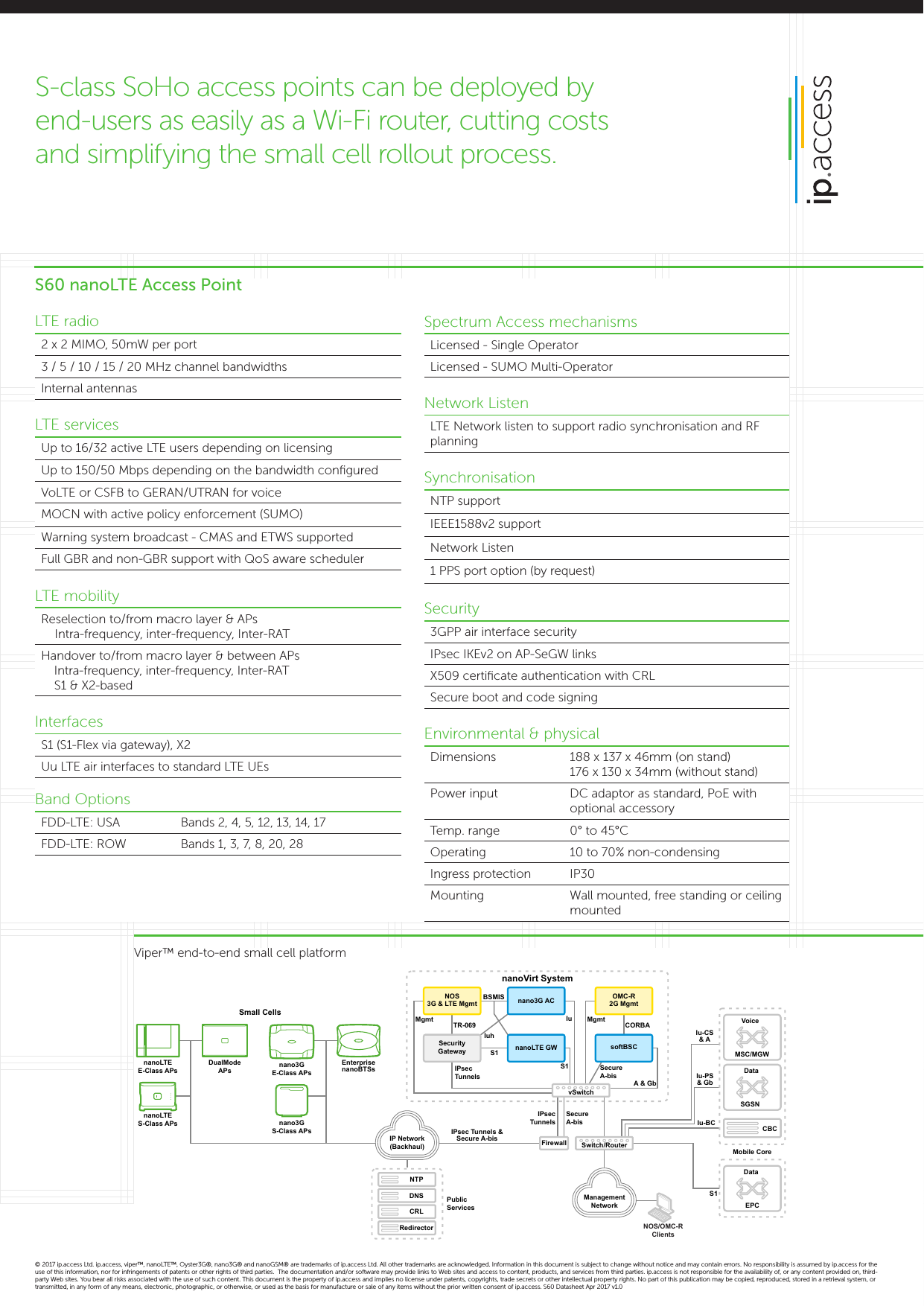 Viper™ end-to-end small cell platformSpectrum Access mechanismsLicensed - Single OperatorLicensed - SUMO Multi-Operator Network ListenLTE Network listen to support radio synchronisation and RF planningSynchronisationNTP supportIEEE1588v2 supportNetwork Listen1 PPS port option (by request)Security3GPP air interface securityIPsec IKEv2 on AP-SeGW linksX509 certiﬁcate authentication with CRLSecure boot and code signing Environmental &amp; physicalDimensions 188 x 137 x 46mm (on stand)176 x 130 x 34mm (without stand)Power input DC adaptor as standard, PoE with optional accessoryTemp. range 0° to 45°COperating 10 to 70% non-condensingIngress protection IP30Mounting Wall mounted, free standing or ceiling mountedS60 nanoLTE Access PointLTE radio2 x 2 MIMO, 50mW per port  3 / 5 / 10 / 15 / 20 MHz channel bandwidthsInternal antennasLTE servicesUp to 16/32 active LTE users depending on licensingUp to 150/50 Mbps depending on the bandwidth conﬁguredVoLTE or CSFB to GERAN/UTRAN for voiceMOCN with active policy enforcement (SUMO)Warning system broadcast - CMAS and ETWS supportedFull GBR and non-GBR support with QoS aware schedulerLTE mobilityReselection to/from macro layer &amp; APs    Intra-frequency, inter-frequency, Inter-RATHandover to/from macro layer &amp; between APsIntra-frequency, inter-frequency, Inter-RATS1 &amp; X2-basedInterfacesS1 (S1-Flex via gateway), X2Uu LTE air interfaces to standard LTE UEsBand OptionsFDD-LTE: USA Bands 2, 4, 5, 12, 13, 14, 17FDD-LTE: ROW Bands 1, 3, 7, 8, 20, 28nanoVirt SystemNOS/OMC-RClientsManagementNetworkCBCSGSNDataMSC/MGWVoiceIuhMobile CoreEPCDataS1Iu-BCTR-069 CORBAS1BSMISIPsecTunnelsIPsecTunnelsSecureA-bisSecureA-bisS1IuMgmt Mgmtnano3G ACSecurityGatewayPublicServicesNTPDNSCRLRedirectorIP Network(Backhaul)NOS3G &amp; LTE MgmtOMC-R2G MgmtIPsec Tunnels &amp;Secure A-bisA &amp; GbsoftBSCIu-PS&amp; GbIu-CS&amp; AnanoLTE GWSwitch/RoutervSwitchFirewallSmall CellsnanoLTEE-Class APsnanoLTES-Class APsEnterprisenanoBTSsnano3GE-Class APsnano3GS-Class APsDualModeAPs© 2017 ip.access Ltd. ip.access, viper™, nanoLTE™, Oyster3G®, nano3G® and nanoGSM® are trademarks of ip.access Ltd. All other trademarks are acknowledged. Information in this document is subject to change without notice and may contain errors. No responsibility is assumed by ip.access for the use of this information, nor for infringements of patents or other rights of third parties.  The documentation and/or software may provide links to Web sites and access to content, products, and services from third parties. ip.access is not responsible for the availability of, or any content provided on, third-party Web sites. You bear all risks associated with the use of such content. This document is the property of ip.access and implies no license under patents, copyrights, trade secrets or other intellectual property rights. No part of this publication may be copied, reproduced, stored in a retrieval system, or transmitted, in any form of any means, electronic, photographic, or otherwise, or used as the basis for manufacture or sale of any items without the prior written consent of ip.access. S60 Datasheet Apr 2017 v1.0S-class SoHo access points can be deployed by end-users as easily as a Wi-Fi router, cutting costs and simplifying the small cell rollout process.