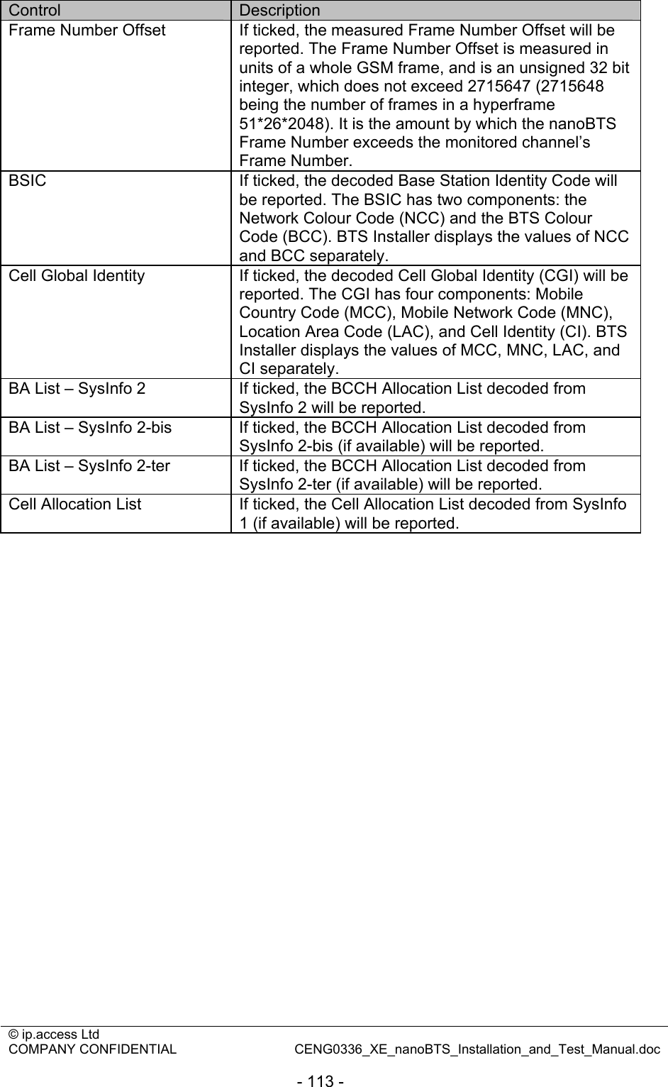 © ip.access Ltd   COMPANY CONFIDENTIAL  CENG0336_XE_nanoBTS_Installation_and_Test_Manual.doc  - 113 - Control  Description Frame Number Offset  If ticked, the measured Frame Number Offset will be reported. The Frame Number Offset is measured in units of a whole GSM frame, and is an unsigned 32 bit integer, which does not exceed 2715647 (2715648 being the number of frames in a hyperframe 51*26*2048). It is the amount by which the nanoBTS Frame Number exceeds the monitored channel’s Frame Number. BSIC  If ticked, the decoded Base Station Identity Code will be reported. The BSIC has two components: the Network Colour Code (NCC) and the BTS Colour Code (BCC). BTS Installer displays the values of NCC and BCC separately. Cell Global Identity  If ticked, the decoded Cell Global Identity (CGI) will be reported. The CGI has four components: Mobile Country Code (MCC), Mobile Network Code (MNC), Location Area Code (LAC), and Cell Identity (CI). BTS Installer displays the values of MCC, MNC, LAC, and CI separately. BA List – SysInfo 2  If ticked, the BCCH Allocation List decoded from SysInfo 2 will be reported. BA List – SysInfo 2-bis  If ticked, the BCCH Allocation List decoded from SysInfo 2-bis (if available) will be reported. BA List – SysInfo 2-ter  If ticked, the BCCH Allocation List decoded from SysInfo 2-ter (if available) will be reported. Cell Allocation List  If ticked, the Cell Allocation List decoded from SysInfo 1 (if available) will be reported.  