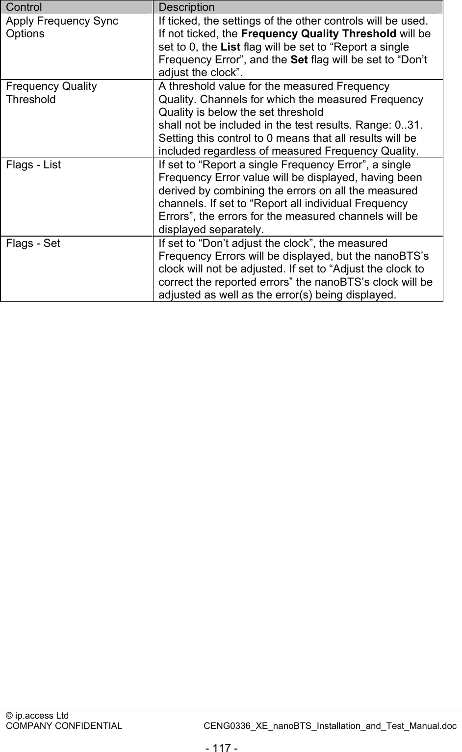 © ip.access Ltd   COMPANY CONFIDENTIAL  CENG0336_XE_nanoBTS_Installation_and_Test_Manual.doc  - 117 - Control  Description Apply Frequency Sync Options If ticked, the settings of the other controls will be used. If not ticked, the Frequency Quality Threshold will be set to 0, the List flag will be set to “Report a single Frequency Error”, and the Set flag will be set to “Don’t adjust the clock”. Frequency Quality Threshold A threshold value for the measured Frequency Quality. Channels for which the measured Frequency Quality is below the set threshold shall not be included in the test results. Range: 0..31. Setting this control to 0 means that all results will be included regardless of measured Frequency Quality. Flags - List  If set to “Report a single Frequency Error”, a single Frequency Error value will be displayed, having been derived by combining the errors on all the measured channels. If set to “Report all individual Frequency Errors”, the errors for the measured channels will be displayed separately. Flags - Set  If set to “Don’t adjust the clock”, the measured Frequency Errors will be displayed, but the nanoBTS’s clock will not be adjusted. If set to “Adjust the clock to correct the reported errors” the nanoBTS’s clock will be adjusted as well as the error(s) being displayed.  