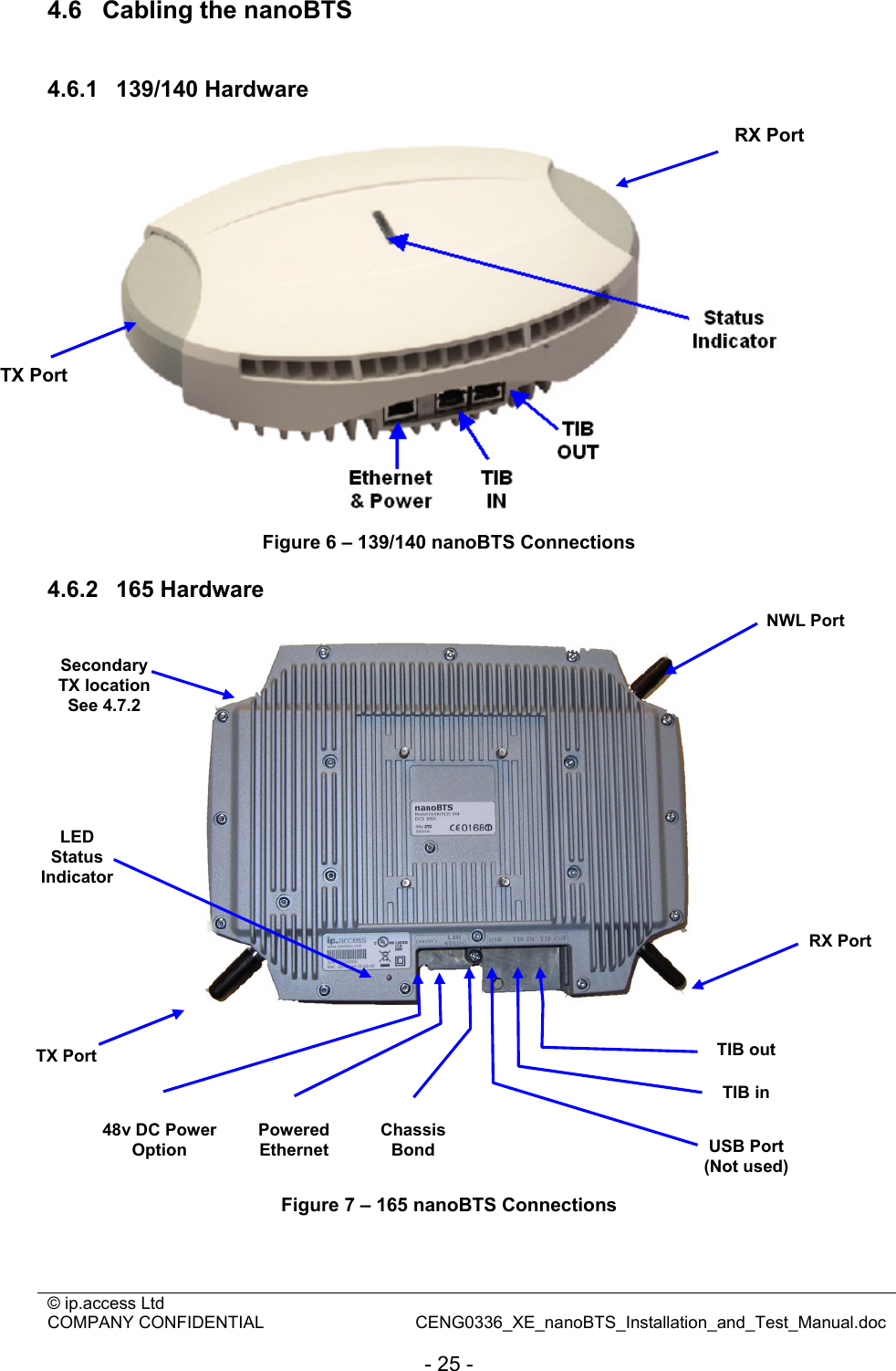 © ip.access Ltd   COMPANY CONFIDENTIAL  CENG0336_XE_nanoBTS_Installation_and_Test_Manual.doc  - 25 - 4.6  Cabling the nanoBTS  4.6.1  139/140 Hardware   Figure 6 – 139/140 nanoBTS Connections 4.6.2  165 Hardware        Figure 7 – 165 nanoBTS Connections  TX Port RX Port TX Port NWL Port RX Port Chassis Bond Powered Ethernet TIB in TIB out 48v DC Power Option Secondary TX location See 4.7.2 USB Port (Not used) LED Status Indicator 