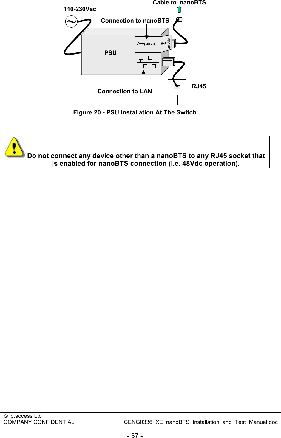 © ip.access Ltd   COMPANY CONFIDENTIAL  CENG0336_XE_nanoBTS_Installation_and_Test_Manual.doc  - 37 -   ~PSU48Vdc48Vdc!110-230VacRJ45Connection to LANConnection to nanoBTSCable to  nanoBTS Figure 20 - PSU Installation At The Switch   Do not connect any device other than a nanoBTS to any RJ45 socket that is enabled for nanoBTS connection (i.e. 48Vdc operation).  