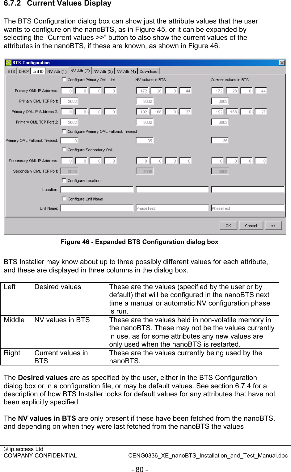 © ip.access Ltd   COMPANY CONFIDENTIAL  CENG0336_XE_nanoBTS_Installation_and_Test_Manual.doc  - 80 - 6.7.2  Current Values Display The BTS Configuration dialog box can show just the attribute values that the user wants to configure on the nanoBTS, as in Figure 45, or it can be expanded by selecting the “Current values &gt;&gt;” button to also show the current values of the attributes in the nanoBTS, if these are known, as shown in Figure 46.   Figure 46 - Expanded BTS Configuration dialog box  BTS Installer may know about up to three possibly different values for each attribute, and these are displayed in three columns in the dialog box.  Left  Desired values  These are the values (specified by the user or by default) that will be configured in the nanoBTS next time a manual or automatic NV configuration phase is run. Middle  NV values in BTS  These are the values held in non-volatile memory in the nanoBTS. These may not be the values currently in use, as for some attributes any new values are only used when the nanoBTS is restarted. Right  Current values in BTS These are the values currently being used by the nanoBTS.  The Desired values are as specified by the user, either in the BTS Configuration dialog box or in a configuration file, or may be default values. See section 6.7.4 for a description of how BTS Installer looks for default values for any attributes that have not been explicitly specified.  The NV values in BTS are only present if these have been fetched from the nanoBTS, and depending on when they were last fetched from the nanoBTS the values 