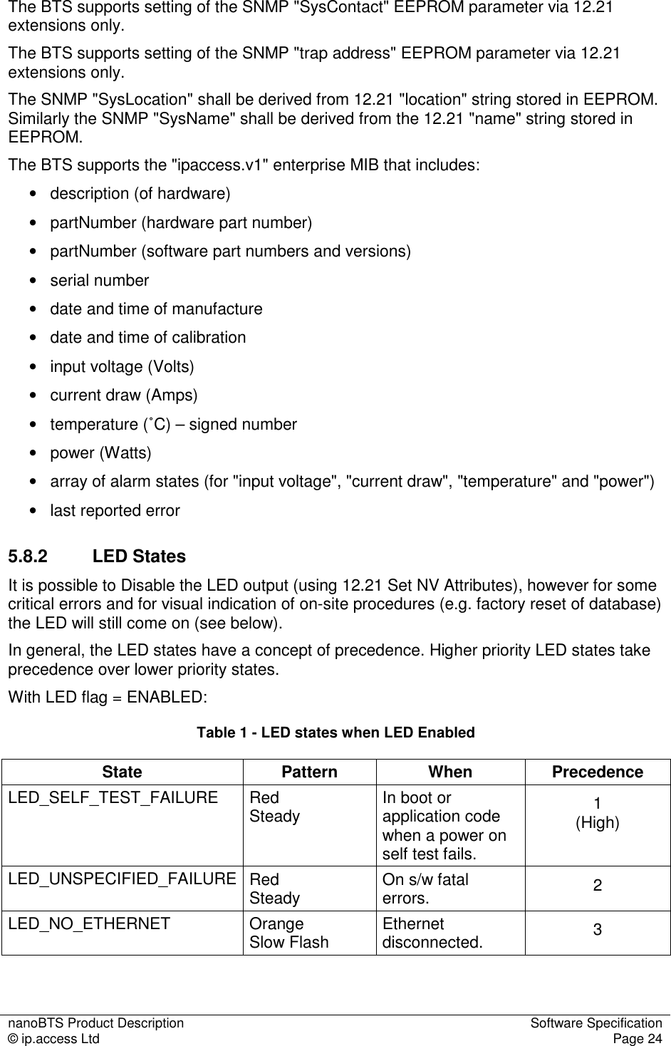 nanoBTS Product Description  Software Specification © ip.access Ltd  Page 24  The BTS supports setting of the SNMP &quot;SysContact&quot; EEPROM parameter via 12.21 extensions only. The BTS supports setting of the SNMP &quot;trap address&quot; EEPROM parameter via 12.21 extensions only. The SNMP &quot;SysLocation&quot; shall be derived from 12.21 &quot;location&quot; string stored in EEPROM. Similarly the SNMP &quot;SysName&quot; shall be derived from the 12.21 &quot;name&quot; string stored in EEPROM. The BTS supports the &quot;ipaccess.v1&quot; enterprise MIB that includes: •   description (of hardware) •   partNumber (hardware part number) •   partNumber (software part numbers and versions) •   serial number •   date and time of manufacture •   date and time of calibration •   input voltage (Volts) •   current draw (Amps) •   temperature (˚C) – signed number •   power (Watts) •   array of alarm states (for &quot;input voltage&quot;, &quot;current draw&quot;, &quot;temperature&quot; and &quot;power&quot;) •   last reported error 5.8.2  LED States It is possible to Disable the LED output (using 12.21 Set NV Attributes), however for some critical errors and for visual indication of on-site procedures (e.g. factory reset of database) the LED will still come on (see below). In general, the LED states have a concept of precedence. Higher priority LED states take precedence over lower priority states. With LED flag = ENABLED: Table 1 - LED states when LED Enabled State  Pattern  When  Precedence LED_SELF_TEST_FAILURE  Red Steady  In boot or application code when a power on self test fails. 1 (High) LED_UNSPECIFIED_FAILURE Red Steady  On s/w fatal errors.  2 LED_NO_ETHERNET  Orange Slow Flash  Ethernet disconnected.  3 