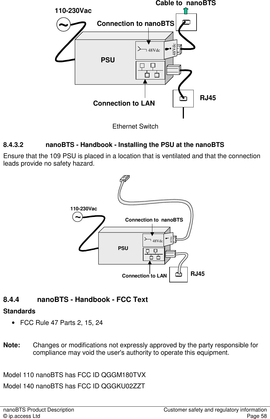 nanoBTS Product Description  Customer safety and regulatory information © ip.access Ltd  Page 58  ~PSU48Vdc48Vdc!110-230VacRJ45Connection to LANConnection to nanoBTSCable to  nanoBTS Ethernet Switch 8.4.3.2  nanoBTS - Handbook - Installing the PSU at the nanoBTS Ensure that the 109 PSU is placed in a location that is ventilated and that the connection leads provide no safety hazard. RJ45Connection to LAN~PSU48Vdc48Vdc!110-230VacConnection to  nanoBTS 8.4.4  nanoBTS - Handbook - FCC Text Standards •  FCC Rule 47 Parts 2, 15, 24  Note:  Changes or modifications not expressly approved by the party responsible for compliance may void the user&apos;s authority to operate this equipment.  Model 110 nanoBTS has FCC ID QGGM180TVX Model 140 nanoBTS has FCC ID QGGKU02ZZT 