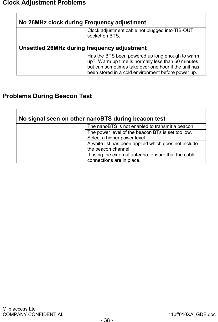  © ip.access Ltd   COMPANY CONFIDENTIAL  110#010XA_GDE.doc - 38 -  Clock Adjustment Problems  No 26MHz clock during Frequency adjustment   Clock adjustment cable not plugged into TIB-OUT socket on BTS. Unsettled 26MHz during frequency adjustment  Has the BTS been powered up long enough to warm up?  Warm up time is normally less than 60 minutes but can sometimes take over one hour if the unit has been stored in a cold environment before power up.   Problems During Beacon Test  No signal seen on other nanoBTS during beacon test  The nanoBTS is not enabled to transmit a beacon  The power level of the beacon BTs is set too low. Select a higher power level.  A white list has been applied which does not include the beacon channel  If using the external antenna, ensure that the cable connections are in place.  