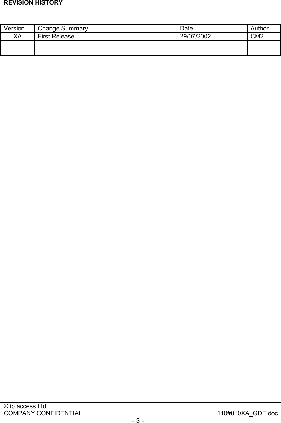  © ip.access Ltd   COMPANY CONFIDENTIAL  110#010XA_GDE.doc - 3 -  REVISION HISTORY   Version Change Summary  Date  Author XA First Release  29/07/2002  CM2              