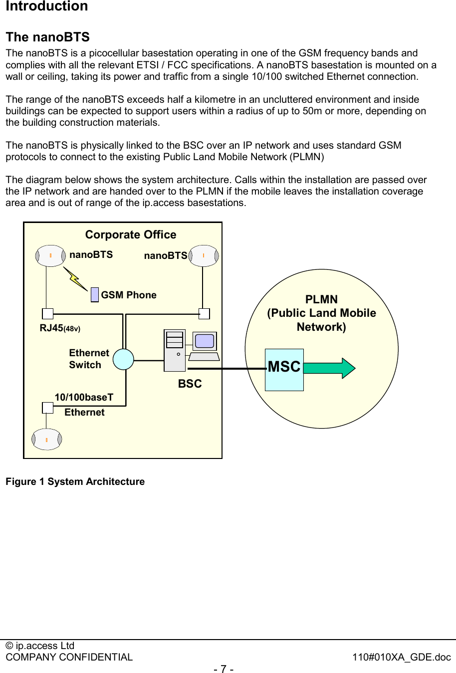  © ip.access Ltd   COMPANY CONFIDENTIAL  110#010XA_GDE.doc - 7 -  Introduction The nanoBTS The nanoBTS is a picocellular basestation operating in one of the GSM frequency bands and complies with all the relevant ETSI / FCC specifications. A nanoBTS basestation is mounted on a wall or ceiling, taking its power and traffic from a single 10/100 switched Ethernet connection.   The range of the nanoBTS exceeds half a kilometre in an uncluttered environment and inside buildings can be expected to support users within a radius of up to 50m or more, depending on the building construction materials.   The nanoBTS is physically linked to the BSC over an IP network and uses standard GSM protocols to connect to the existing Public Land Mobile Network (PLMN)  The diagram below shows the system architecture. Calls within the installation are passed over the IP network and are handed over to the PLMN if the mobile leaves the installation coverage area and is out of range of the ip.access basestations.  MSCPLMN(Public Land Mobile Network) Ethernet SwitchnanoBTS nanoBTSGSM PhoneCorporate OfficeBSCRJ45(48v)10/100baseTEthernet Figure 1 System Architecture 