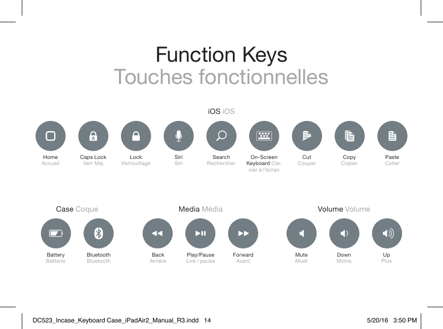 Function KeysTouches fonctionnellesMedia MédiaCase Coque Volume VolumeiOS iOSHome Accueil Caps LockVerr MajBatteryBatterieBackArrièreMuteMuetBluetoothBluetoothPlay/PauseLire / pauseDownMoinsForwardAvantUpPlusLockVerrouillageSearchRechercherCopyCopierSiriSiriCutCouperOn-Screen Keyboard Cla-vier à l’écranPasteCollerCaps LockVerr MajDC523_Incase_Keyboard Case_iPadAir2_Manual_R3.indd   14 5/20/16   3:50 PM
