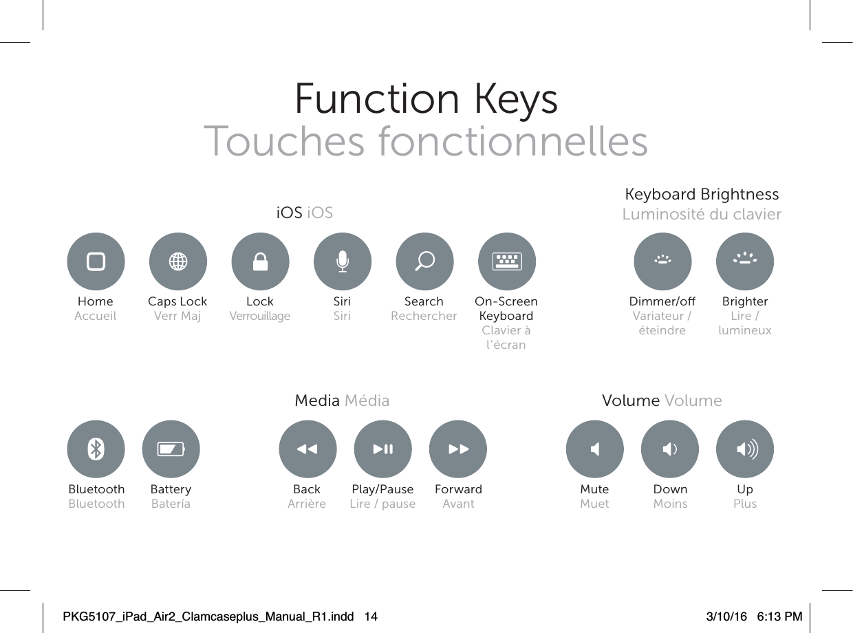 Function KeysTouches fonctionnellesMedia Média Volume VolumeKeyboard BrightnessLuminosité du clavieriOS iOSHome Accueil Caps LockVerr MajDimmer/oVariateur /éteindreMuteMuetBluetoothBluetoothBatteryBateríaBrighterLire / lumineuxDownMoinsUpPlusLockVerrouillageSearchRechercherSiriSiriOn-Screen Keyboard Clavier à l’écranBackArrièrePlay/PauseLire / pauseForwardAvantPKG5107_iPad_Air2_Clamcaseplus_Manual_R1.indd   14 3/10/16   6:13 PM