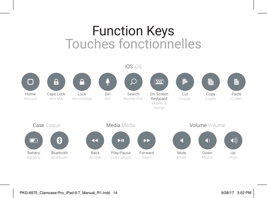 Function KeysTouches fonctionnellesMedia MédiaCase Coque Volume VolumeiOS iOSHome Accueil Caps LockVerr MajBatteryBatterieBackArrièreMuteMuetBluetoothBluetoothPlay/PauseLire / pauseDownMoinsForwardAvantUpPlusLockVerrouillageSearchRechercherCopyCopierSiriSiriCutCouperOn-Screen Keyboard Clavier à l’écranPasteCollerCaps LockVerr MajPKG-6975_Clamcase-Pro_iPad-9.7_Manual_R1.indd   14 9/28/17   3:52 PM
