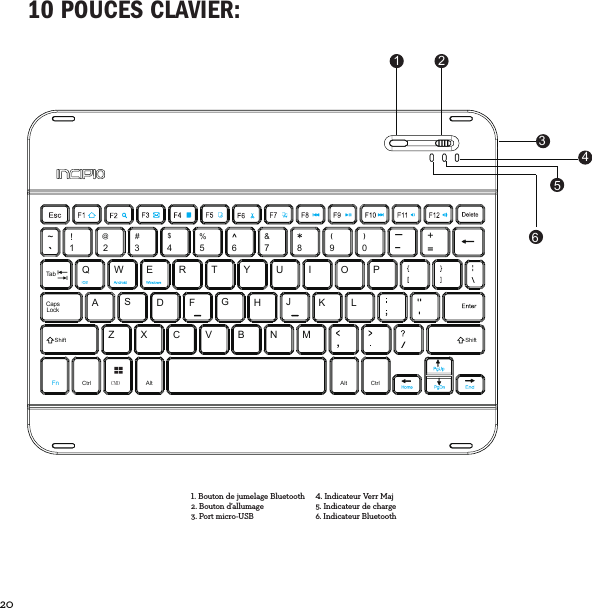20  10 POUCES CLAVIER:CMDCtrl Alt Alt CtrlQ`~!1234567890----+@#$%&amp;()TabWERTYUIOPSADFGHJKLCapsLockShift ShiftFnZXCVBNM1 24365Bouton de jumelage Bluetooth2. Bouton d’allumage3. Port micro-USBIndicateur Verr Maj5. Indicateur de charge6. Indicateur Bluetooth