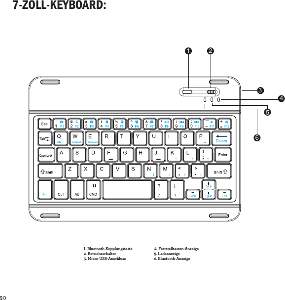 50  7-ZOLL-KEYBOARD:124365Bluetooth-Kopplungstaste2. Betriebsschalter3. Mikro-USB-AnschlussFeststelltasten-Anzeige5. Ladeanzeige6. Bluetooth-Anzeige