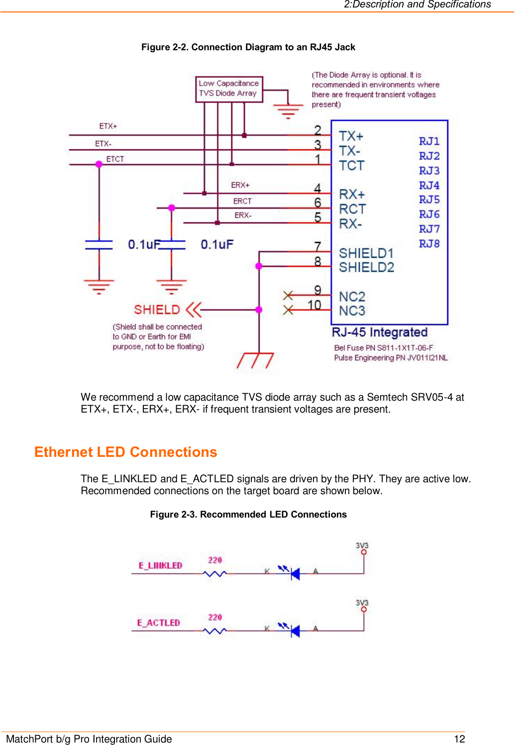 2:Description and Specifications MatchPort b/g Pro Integration Guide    12 Figure 2-2. Connection Diagram to an RJ45 Jack    We recommend a low capacitance TVS diode array such as a Semtech SRV05-4 at ETX+, ETX-, ERX+, ERX- if frequent transient voltages are present.  Ethernet LED Connections The E_LINKLED and E_ACTLED signals are driven by the PHY. They are active low. Recommended connections on the target board are shown below. Figure 2-3. Recommended LED Connections       