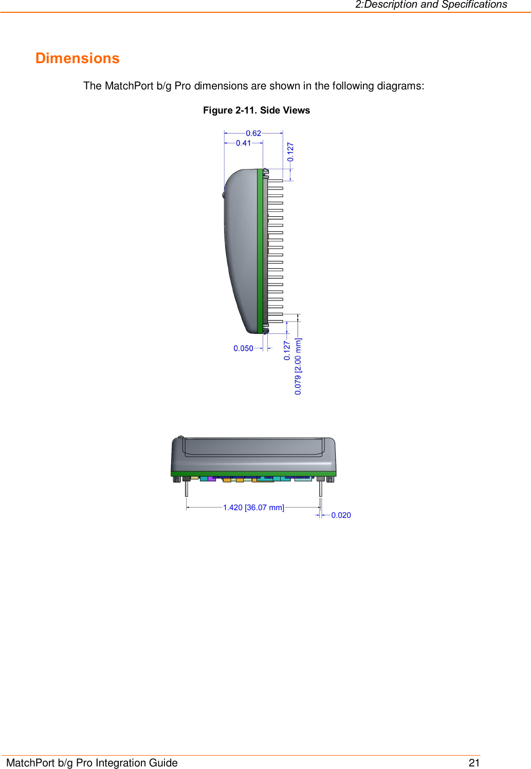2:Description and Specifications MatchPort b/g Pro Integration Guide    21 Dimensions The MatchPort b/g Pro dimensions are shown in the following diagrams:  Figure 2-11. Side Views    
