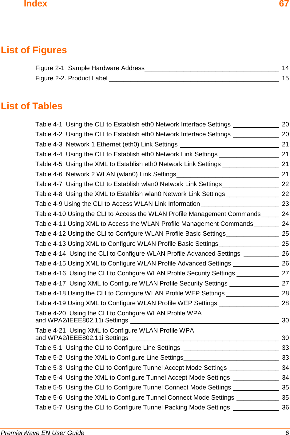  PremierWave EN User Guide    6 Index 67   List of Figures Figure 2-1  Sample Hardware Address______________________________________ 14 Figure 2-2. Product Label ________________________________________________ 15  List of Tables Table 4-1  Using the CLI to Establish eth0 Network Interface Settings _____________ 20 Table 4-2  Using the CLI to Establish eth0 Network Interface Settings _____________ 20 Table 4-3  Network 1 Ethernet (eth0) Link Settings ____________________________ 21 Table 4-4  Using the CLI to Establish eth0 Network Link Settings _________________ 21 Table 4-5  Using the XML to Establish eth0 Network Link Settings ________________ 21 Table 4-6  Network 2 WLAN (wlan0) Link Settings _____________________________ 21 Table 4-7  Using the CLI to Establish wlan0 Network Link Settings ________________ 22 Table 4-8  Using the XML to Establish wlan0 Network Link Settings _______________ 22 Table 4-9 Using the CLI to Access WLAN Link Information ______________________ 23 Table 4-10 Using the CLI to Access the WLAN Profile Management Commands _____ 24 Table 4-11 Using XML to Access the WLAN Profile Management Commands _______ 24 Table 4-12 Using the CLI to Configure WLAN Profile Basic Settings _______________ 25 Table 4-13 Using XML to Configure WLAN Profile Basic Settings _________________ 25 Table 4-14  Using the CLI to Configure WLAN Profile Advanced Settings __________ 26 Table 4-15 Using XML to Configure WLAN Profile Advanced Settings _____________ 26 Table 4-16  Using the CLI to Configure WLAN Profile Security Settings ____________ 27 Table 4-17  Using XML to Configure WLAN Profile Security Settings ______________ 27 Table 4-18 Using the CLI to Configure WLAN Profile WEP Settings _______________ 28 Table 4-19 Using XML to Configure WLAN Profile WEP Settings _________________ 28 Table 4-20  Using the CLI to Configure WLAN Profile WPA  and WPA2/IEEE802.11i Settings __________________________________________ 30 Table 4-21  Using XML to Configure WLAN Profile WPA  and WPA2/IEEE802.11i Settings __________________________________________ 30 Table 5-1  Using the CLI to Configure Line Settings ___________________________ 33 Table 5-2  Using the XML to Configure Line Settings ___________________________ 33 Table 5-3  Using the CLI to Configure Tunnel Accept Mode Settings ______________ 34 Table 5-4  Using the XML to Configure Tunnel Accept Mode Settings _____________ 34 Table 5-5  Using the CLI to Configure Tunnel Connect Mode Settings _____________ 35 Table 5-6  Using the XML to Configure Tunnel Connect Mode Settings ____________ 35 Table 5-7  Using the CLI to Configure Tunnel Packing Mode Settings _____________ 36 