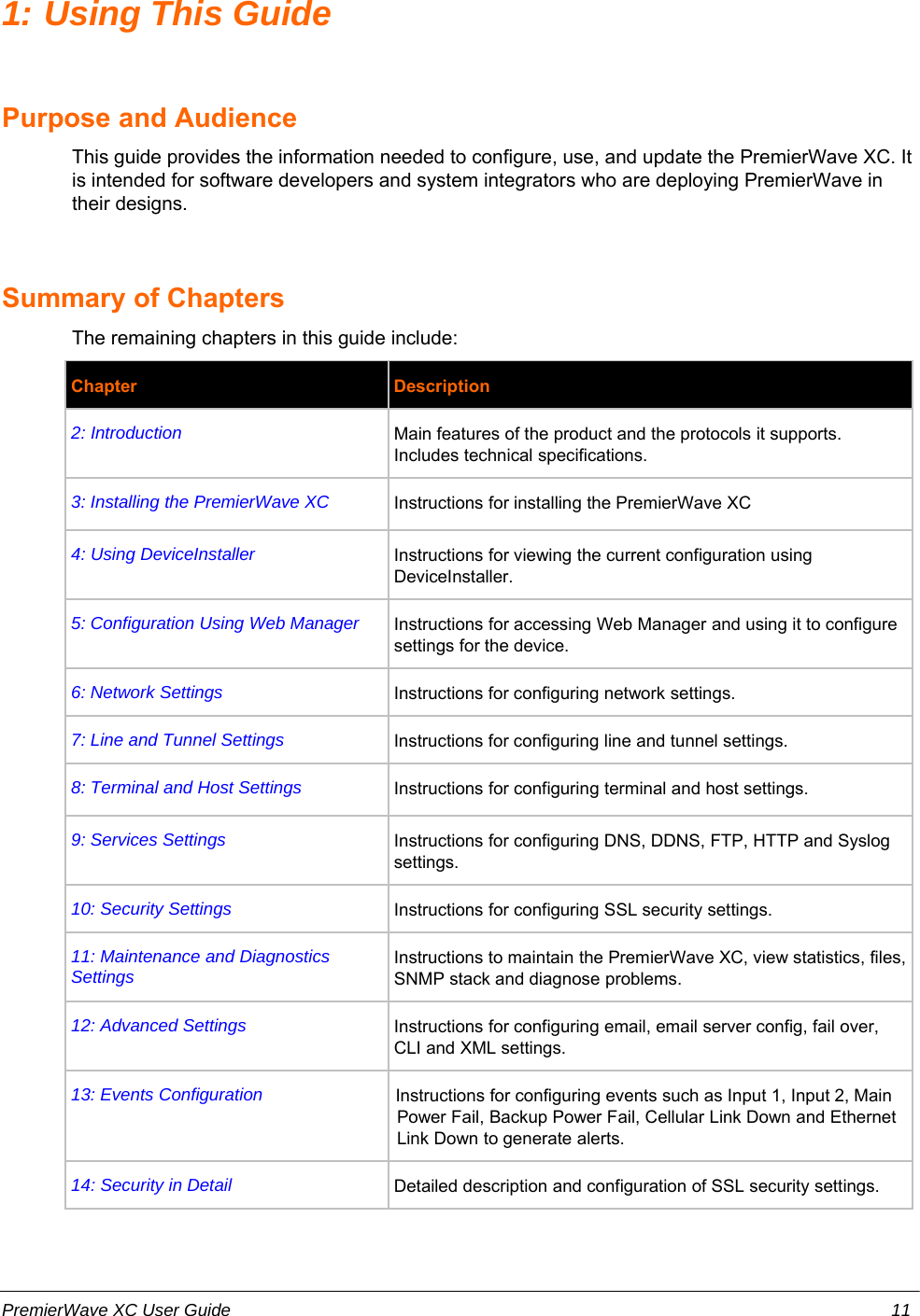 1: Using This GuidePurpose and AudienceThis guide provides the information needed to configure, use, and update the PremierWave XC. Itis intended for software developers and system integrators who are deploying PremierWave intheir designs.Summary of ChaptersThe remaining chapters in this guide include:Chapter Description2: Introduction Main features of the product and the protocols it supports.Includes technical specifications. 3: Installing the PremierWave XC Instructions for installing the PremierWave XC4: Using DeviceInstaller Instructions for viewing the current configuration usingDeviceInstaller.5: Configuration Using Web Manager Instructions for accessing Web Manager and using it to configuresettings for the device.6: Network Settings Instructions for configuring network settings.7: Line and Tunnel Settings Instructions for configuring line and tunnel settings.8: Terminal and Host Settings Instructions for configuring terminal and host settings.9: Services Settings Instructions for configuring DNS, DDNS, FTP, HTTP and Syslogsettings.10: Security Settings Instructions for configuring SSL security settings. 11: Maintenance and DiagnosticsSettings Instructions to maintain the PremierWave XC, view statistics, files,SNMP stack and diagnose problems.12: Advanced Settings Instructions for configuring email, email server config, fail over,CLI and XML settings.13: Events Configuration Instructions for configuring events such as Input 1, Input 2, MainPower Fail, Backup Power Fail, Cellular Link Down and EthernetLink Down to generate alerts.14: Security in Detail Detailed description and configuration of SSL security settings.PremierWave XC User Guide 11