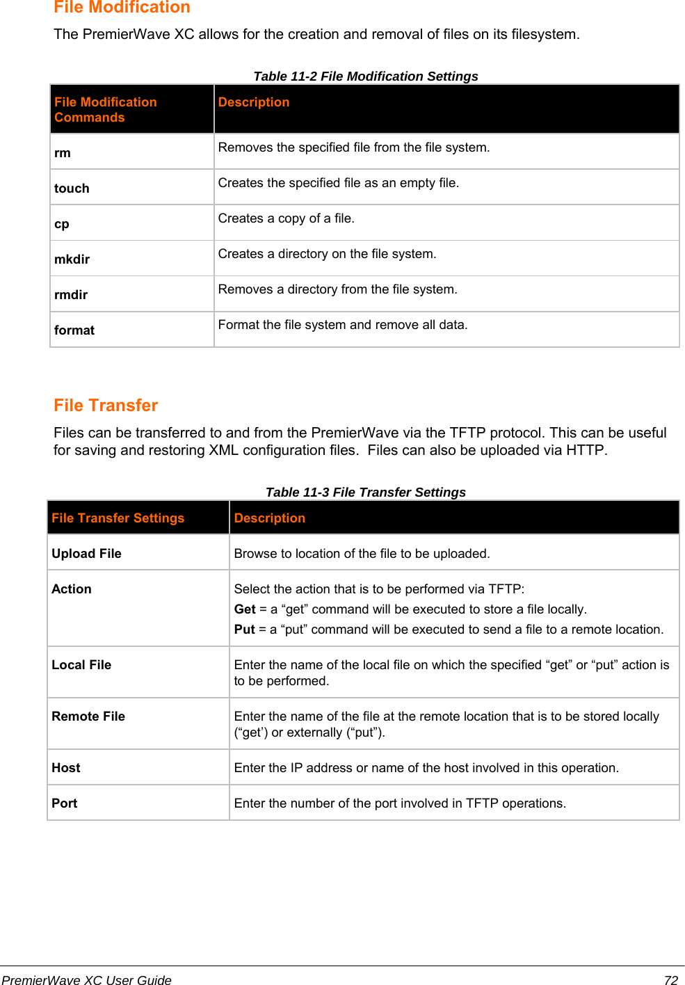 File ModificationThe PremierWave XC allows for the creation and removal of files on its filesystem.Table 11-2 File Modification SettingsFile ModificationCommandsDescriptionrm Removes the specified file from the file system.touch Creates the specified file as an empty file.cp Creates a copy of a file.mkdir Creates a directory on the file system.rmdir Removes a directory from the file system.format Format the file system and remove all data.File Transfer Files can be transferred to and from the PremierWave via the TFTP protocol. This can be usefulfor saving and restoring XML configuration files.  Files can also be uploaded via HTTP.Table 11-3 File Transfer SettingsFile Transfer Settings DescriptionUpload File Browse to location of the file to be uploaded.  Action Select the action that is to be performed via TFTP:Get = a “get” command will be executed to store a file locally.Put = a “put” command will be executed to send a file to a remote location.Local File Enter the name of the local file on which the specified “get” or “put” action isto be performed.Remote File Enter the name of the file at the remote location that is to be stored locally(“get’) or externally (“put”).Host Enter the IP address or name of the host involved in this operation.Port Enter the number of the port involved in TFTP operations.PremierWave XC User Guide 72