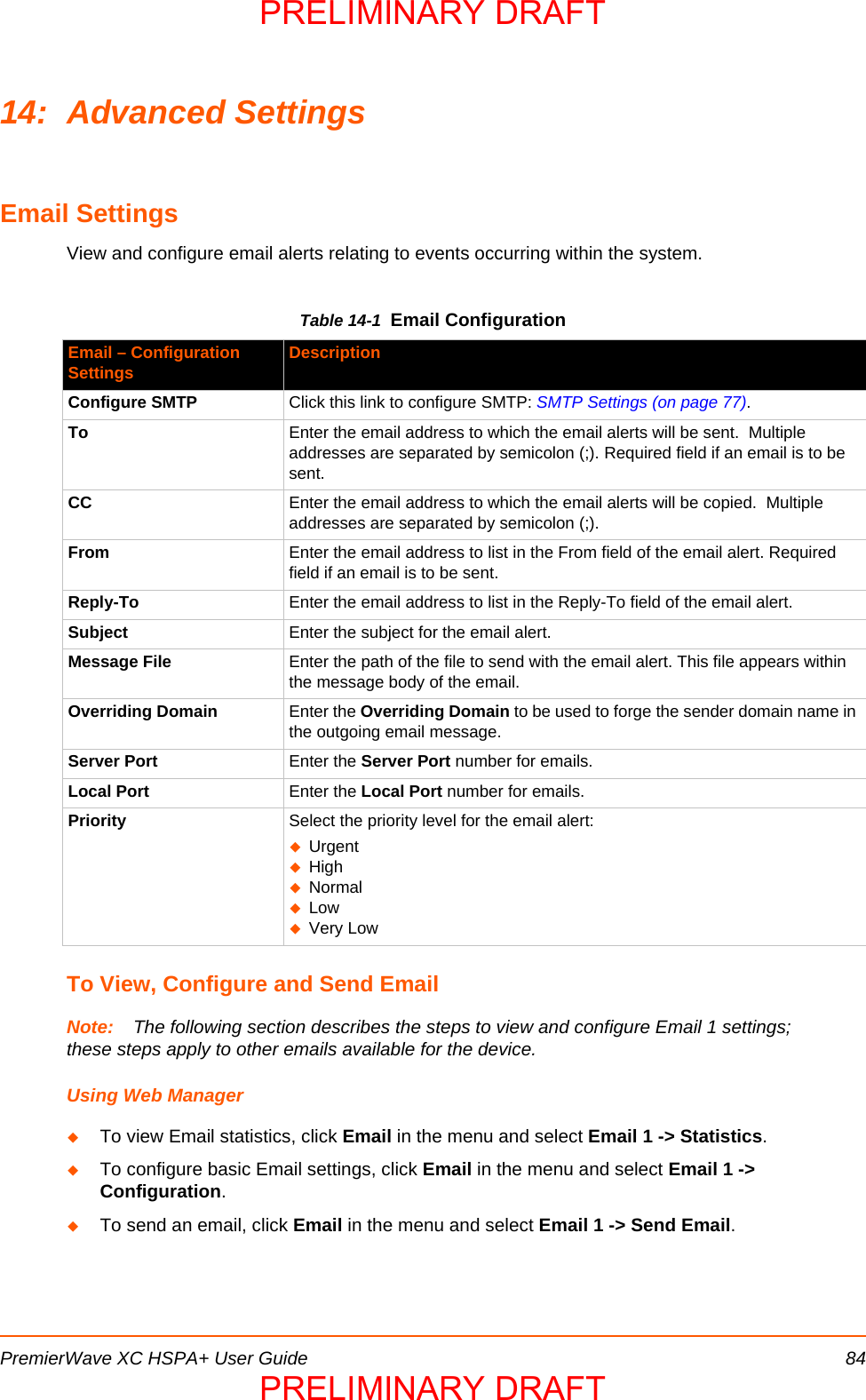 PremierWave XC HSPA+ User Guide 8414: Advanced SettingsEmail SettingsView and configure email alerts relating to events occurring within the system.Table 14-1  Email ConfigurationTo View, Configure and Send EmailNote: The following section describes the steps to view and configure Email 1 settings; these steps apply to other emails available for the device.Using Web ManagerTo view Email statistics, click Email in the menu and select Email 1 -&gt; Statistics. To configure basic Email settings, click Email in the menu and select Email 1 -&gt; Configuration.To send an email, click Email in the menu and select Email 1 -&gt; Send Email.Email – Configuration Settings DescriptionConfigure SMTP Click this link to configure SMTP: SMTP Settings (on page 77). To Enter the email address to which the email alerts will be sent.  Multiple addresses are separated by semicolon (;). Required field if an email is to be sent.CC Enter the email address to which the email alerts will be copied.  Multiple addresses are separated by semicolon (;).From Enter the email address to list in the From field of the email alert. Required field if an email is to be sent.Reply-To Enter the email address to list in the Reply-To field of the email alert.Subject Enter the subject for the email alert.Message File Enter the path of the file to send with the email alert. This file appears within the message body of the email.Overriding Domain Enter the Overriding Domain to be used to forge the sender domain name in the outgoing email message.  Server Port Enter the Server Port number for emails.Local Port Enter the Local Port number for emails.Priority Select the priority level for the email alert:UrgentHighNormalLowVery LowPRELIMINARY DRAFTPRELIMINARY DRAFT