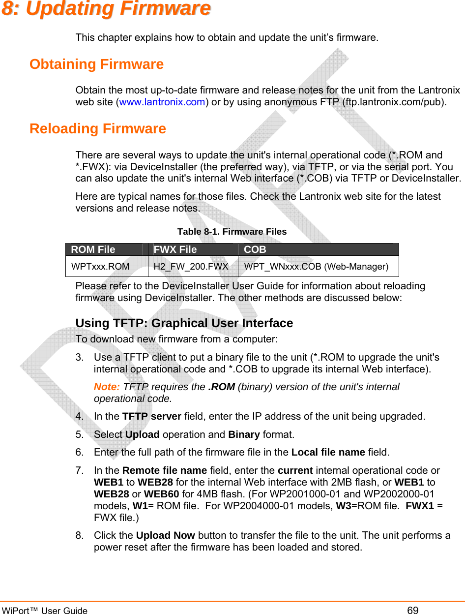  WiPort™ User Guide         69 88::  UUppddaattiinngg  FFiirrmmwwaarree  This chapter explains how to obtain and update the unit’s firmware.  Obtaining Firmware Obtain the most up-to-date firmware and release notes for the unit from the Lantronix web site (www.lantronix.com) or by using anonymous FTP (ftp.lantronix.com/pub).  Reloading Firmware  There are several ways to update the unit&apos;s internal operational code (*.ROM and *.FWX): via DeviceInstaller (the preferred way), via TFTP, or via the serial port. You can also update the unit&apos;s internal Web interface (*.COB) via TFTP or DeviceInstaller. Here are typical names for those files. Check the Lantronix web site for the latest versions and release notes. Table 8-1. Firmware Files ROM File  FWX File  COB  WPTxxx.ROM H2_FW_200.FWX WPT_WNxxx.COB (Web-Manager) Please refer to the DeviceInstaller User Guide for information about reloading firmware using DeviceInstaller. The other methods are discussed below: Using TFTP: Graphical User Interface To download new firmware from a computer:  3.  Use a TFTP client to put a binary file to the unit (*.ROM to upgrade the unit&apos;s internal operational code and *.COB to upgrade its internal Web interface).  Note: TFTP requires the .ROM (binary) version of the unit&apos;s internal operational code.  4. In the TFTP server field, enter the IP address of the unit being upgraded.  5. Select Upload operation and Binary format.  6.  Enter the full path of the firmware file in the Local file name field.  7. In the Remote file name field, enter the current internal operational code or WEB1 to WEB28 for the internal Web interface with 2MB flash, or WEB1 to WEB28 or WEB60 for 4MB flash. (For WP2001000-01 and WP2002000-01 models, W1= ROM file.  For WP2004000-01 models, W3=ROM file.  FWX1 = FWX file.) 8. Click the Upload Now button to transfer the file to the unit. The unit performs a power reset after the firmware has been loaded and stored.  