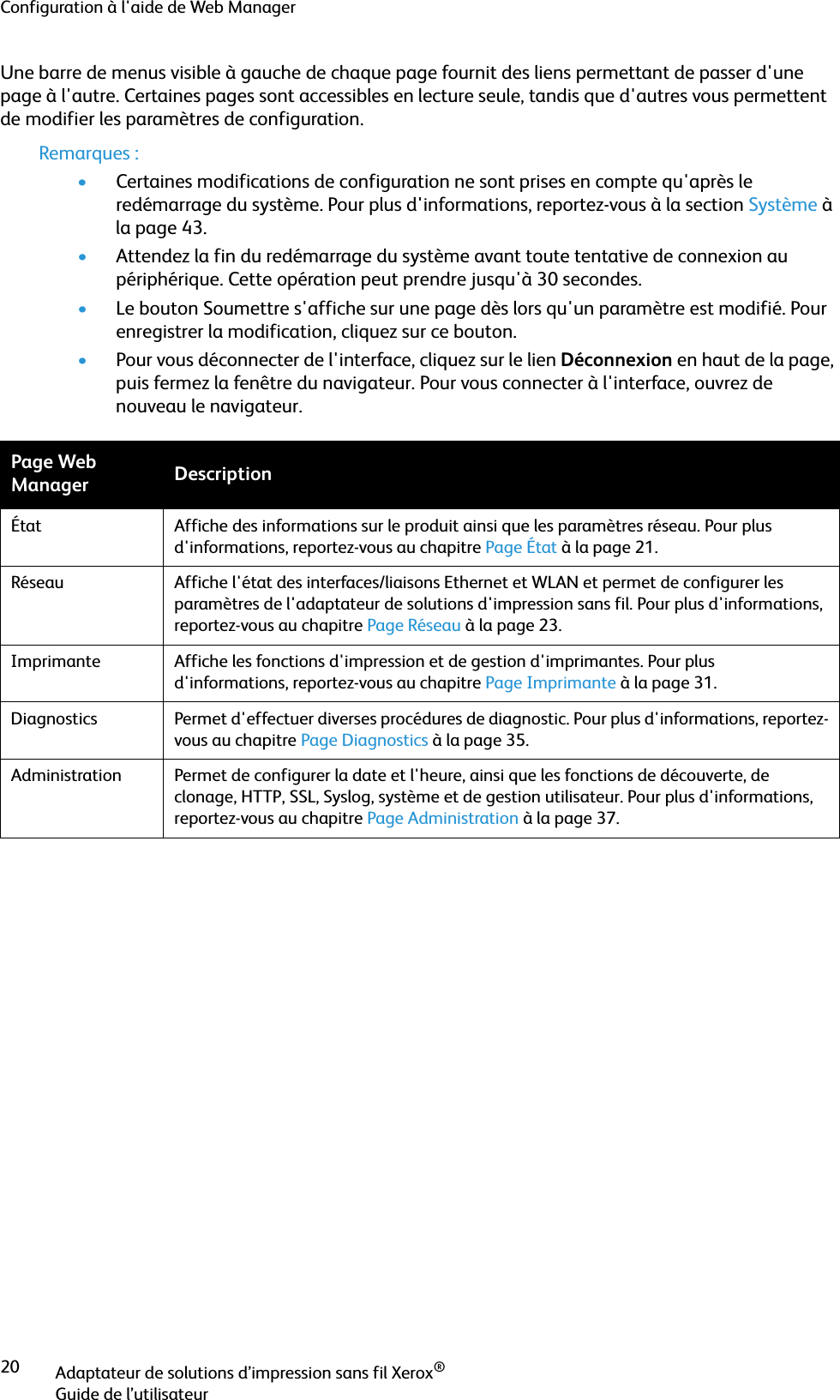 Configuration à l&apos;aide de Web ManagerAdaptateur de solutions d’impression sans fil Xerox®Guide de l’utilisateur20Une barre de menus visible à gauche de chaque page fournit des liens permettant de passer d&apos;une page à l&apos;autre. Certaines pages sont accessibles en lecture seule, tandis que d&apos;autres vous permettent de modifier les paramètres de configuration. Remarques :•Certaines modifications de configuration ne sont prises en compte qu&apos;après le redémarrage du système. Pour plus d&apos;informations, reportez-vous à la section Système à la page 43.•Attendez la fin du redémarrage du système avant toute tentative de connexion au périphérique. Cette opération peut prendre jusqu&apos;à 30 secondes.•Le bouton Soumettre s&apos;affiche sur une page dès lors qu&apos;un paramètre est modifié. Pour enregistrer la modification, cliquez sur ce bouton.•Pour vous déconnecter de l&apos;interface, cliquez sur le lien Déconnexion en haut de la page, puis fermez la fenêtre du navigateur. Pour vous connecter à l&apos;interface, ouvrez de nouveau le navigateur.Page Web Manager DescriptionÉtat Affiche des informations sur le produit ainsi que les paramètres réseau. Pour plus d&apos;informations, reportez-vous au chapitre Page État à la page 21.Réseau Affiche l&apos;état des interfaces/liaisons Ethernet et WLAN et permet de configurer les paramètres de l&apos;adaptateur de solutions d&apos;impression sans fil. Pour plus d&apos;informations, reportez-vous au chapitre Page Réseau à la page 23.Imprimante Affiche les fonctions d&apos;impression et de gestion d&apos;imprimantes. Pour plus d&apos;informations, reportez-vous au chapitre Page Imprimante à la page 31.Diagnostics Permet d&apos;effectuer diverses procédures de diagnostic. Pour plus d&apos;informations, reportez-vous au chapitre Page Diagnostics à la page 35.Administration Permet de configurer la date et l&apos;heure, ainsi que les fonctions de découverte, de clonage, HTTP, SSL, Syslog, système et de gestion utilisateur. Pour plus d&apos;informations, reportez-vous au chapitre Page Administration à la page 37.