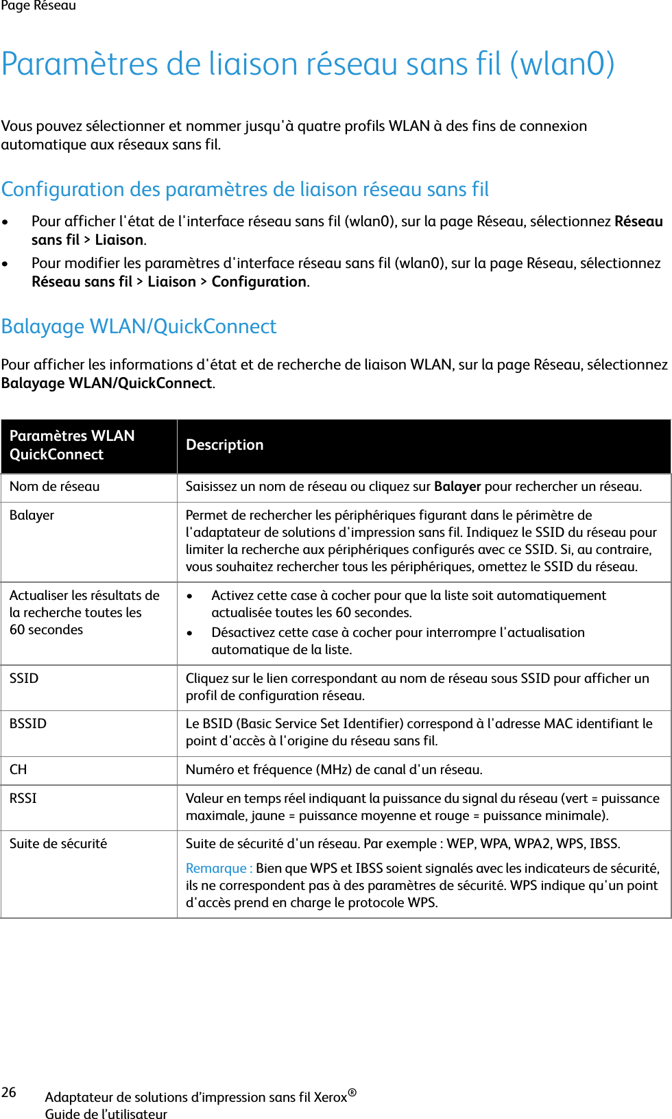 Page RéseauAdaptateur de solutions d’impression sans fil Xerox®Guide de l’utilisateur26Paramètres de liaison réseau sans fil (wlan0)Vous pouvez sélectionner et nommer jusqu&apos;à quatre profils WLAN à des fins de connexion automatique aux réseaux sans fil.Configuration des paramètres de liaison réseau sans fil• Pour afficher l&apos;état de l&apos;interface réseau sans fil (wlan0), sur la page Réseau, sélectionnez Réseau sans fil &gt;Liaison.• Pour modifier les paramètres d&apos;interface réseau sans fil (wlan0), sur la page Réseau, sélectionnez Réseau sans fil &gt;Liaison &gt;Configuration.Balayage WLAN/QuickConnectPour afficher les informations d&apos;état et de recherche de liaison WLAN, sur la page Réseau, sélectionnez Balayage WLAN/QuickConnect.Paramètres WLAN QuickConnect DescriptionNom de réseau Saisissez un nom de réseau ou cliquez sur Balayer pour rechercher un réseau.Balayer Permet de rechercher les périphériques figurant dans le périmètre de l&apos;adaptateur de solutions d&apos;impression sans fil. Indiquez le SSID du réseau pour limiter la recherche aux périphériques configurés avec ce SSID. Si, au contraire, vous souhaitez rechercher tous les périphériques, omettez le SSID du réseau.Actualiser les résultats de la recherche toutes les 60 secondes• Activez cette case à cocher pour que la liste soit automatiquement actualisée toutes les 60 secondes.• Désactivez cette case à cocher pour interrompre l&apos;actualisation automatique de la liste.SSID Cliquez sur le lien correspondant au nom de réseau sous SSID pour afficher un profil de configuration réseau.BSSID Le BSID (Basic Service Set Identifier) correspond à l&apos;adresse MAC identifiant le point d&apos;accès à l&apos;origine du réseau sans fil.CH Numéro et fréquence (MHz) de canal d&apos;un réseau.RSSI Valeur en temps réel indiquant la puissance du signal du réseau (vert = puissance maximale, jaune = puissance moyenne et rouge = puissance minimale).Suite de sécurité Suite de sécurité d&apos;un réseau. Par exemple : WEP, WPA, WPA2, WPS, IBSS.Remarque : Bien que WPS et IBSS soient signalés avec les indicateurs de sécurité, ils ne correspondent pas à des paramètres de sécurité. WPS indique qu&apos;un point d&apos;accès prend en charge le protocole WPS.