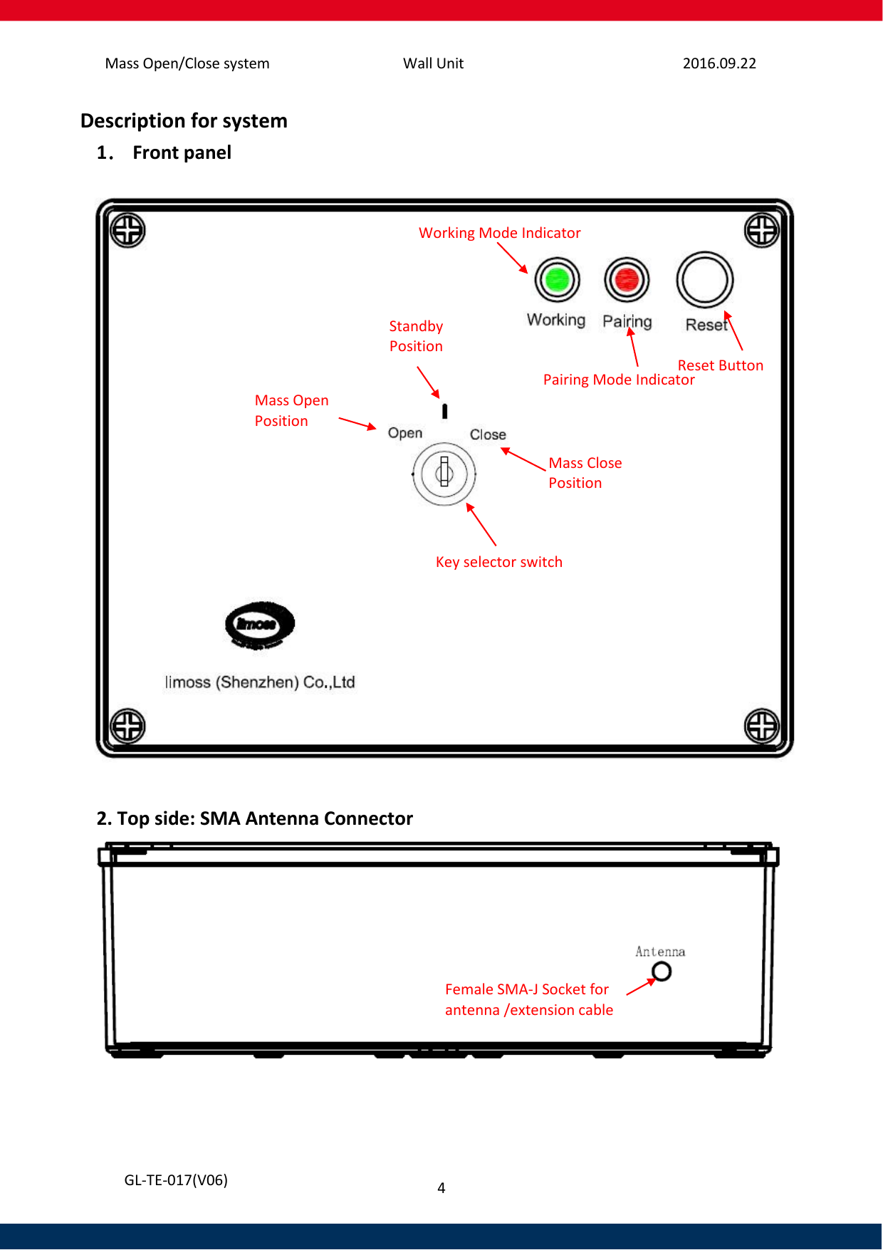 Mass Open/Close system Wall Unit 2016.09.22 4   GL-TE-017(V06) Description for system 1． Front panel    2. Top side: SMA Antenna Connector    Pairing Mode Indicator Working Mode Indicator Mass Close Position  Mass Open Position Standby Position Female SMA-J Socket for antenna /extension cable Key selector switch Reset Button 