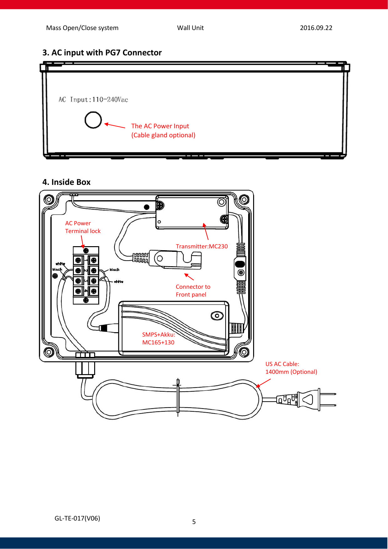 Mass Open/Close system Wall Unit 2016.09.22 5   GL-TE-017(V06) 3. AC input with PG7 Connector   4. Inside Box     AC Power  Terminal lock Transmitter:MC230 Connector to Front panel SMPS+Akku: MC165+130 The AC Power Input  (Cable gland optional) US AC Cable: 1400mm (Optional) 