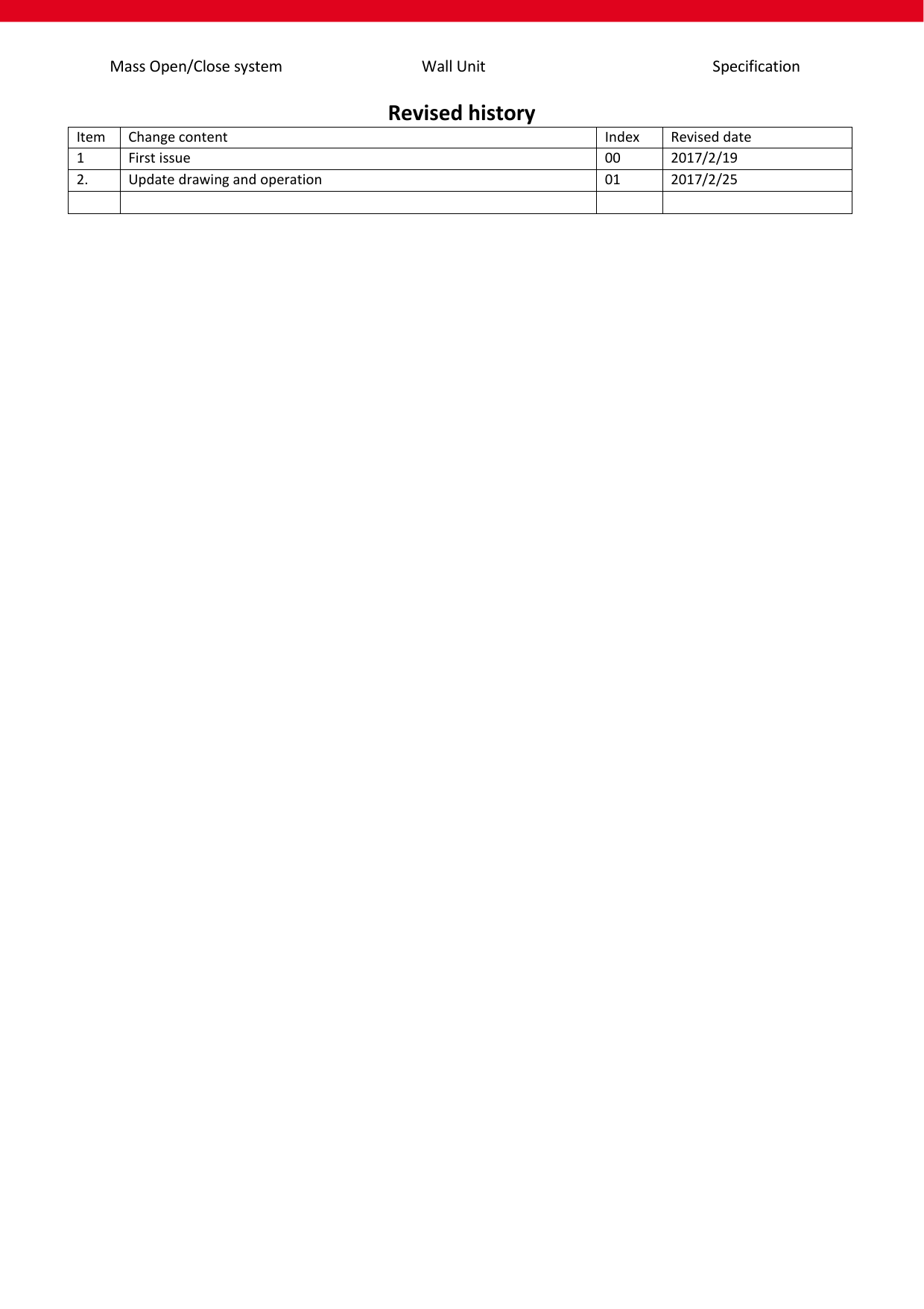 Mass Open/Close system Wall Unit Specification   Revised history Item Change content Index Revised date 1 First issue 00 2017/2/19 2. Update drawing and operation 01 2017/2/25      