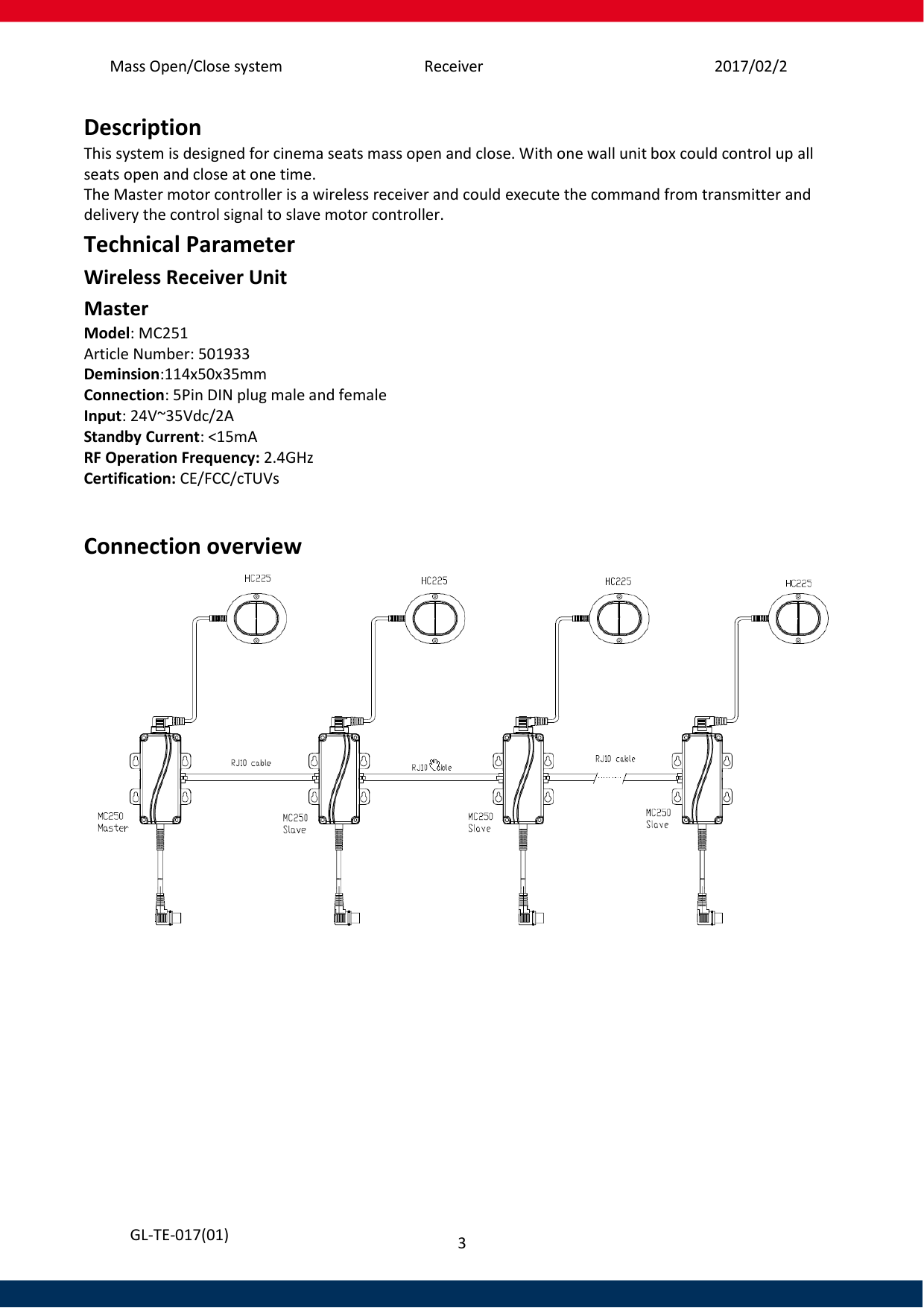 Mass Open/Close system Receiver 2017/02/253 GL-TE-017(01) Description This system is designed for cinema seats mass open and close. With one wall unit box could control up all seats open and close at one time. The Master motor controller is a wireless receiver and could execute the command from transmitter and delivery the control signal to slave motor controller.  Technical Parameter Wireless Receiver Unit Master Model: MC251  Article Number: 501933 Deminsion:114x50x35mm Connection: 5Pin DIN plug male and female Input: 24V~35Vdc/2A Standby Current: &lt;15mA RF Operation Frequency: 2.4GHz Certification: CE/FCC/cTUVs Connection overview 