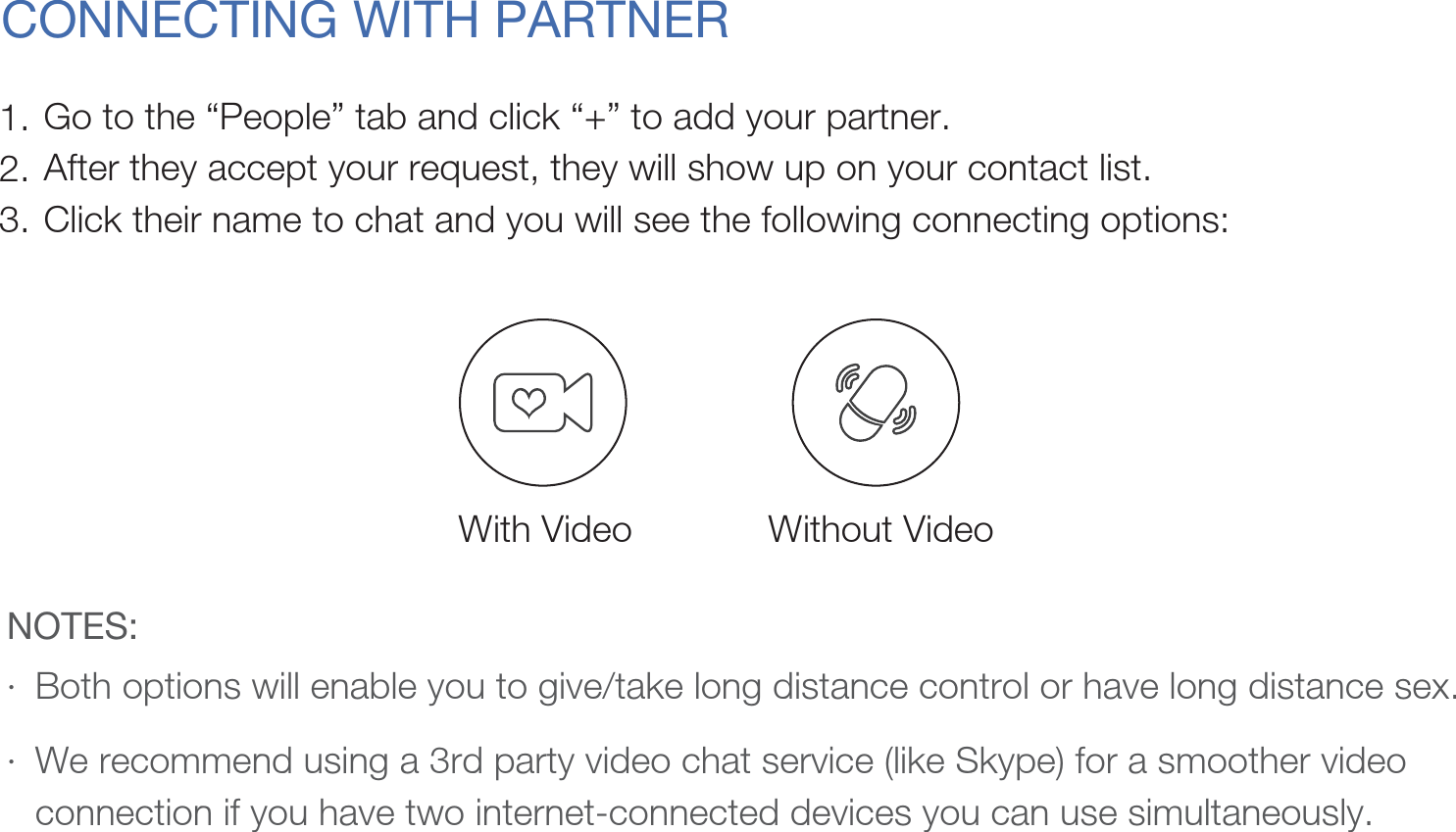 CONNECTING WITH PARTNERGo to the “People” tab and click “+” to add your partner. After they accept your request, they will show up on your contact list.Click their name to chat and you will see the following connecting options: 1.2.3.Both options will enable you to give/take long distance control or have long distance sex.We recommend using a 3rd party video chat service (like Skype) for a smoother video connection if you have two internet-connected devices you can use simultaneously. · · NOTES: With Video Without Video